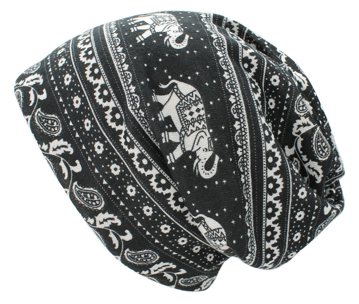 Beanie Damen Beanie Mütze mit Elefanten Paisley Muster Longbeanie