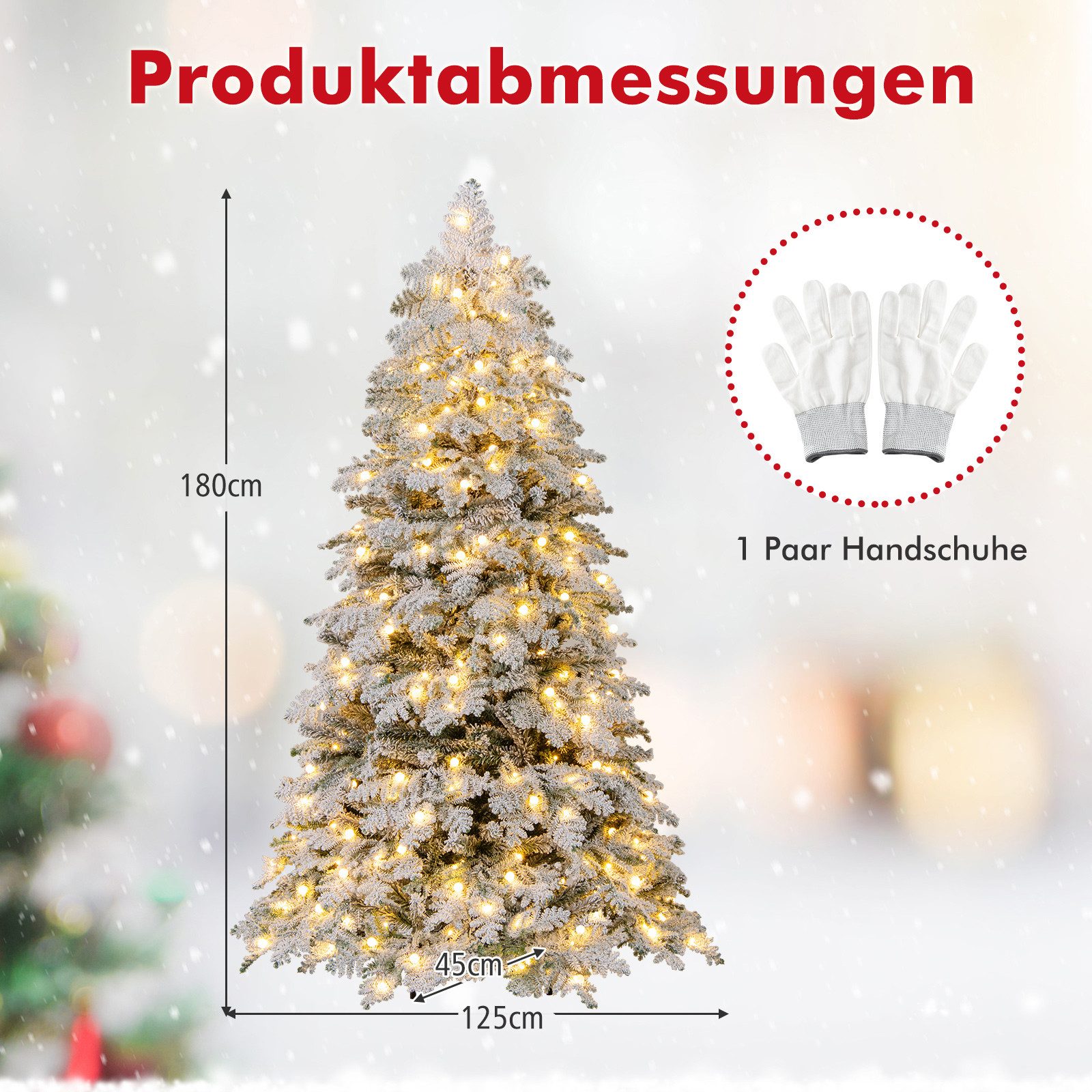 COSTWAY Künstlicher Weihnachtsbaum, 180cm mit Schnee, 130 Kugeln, 260 LEDs