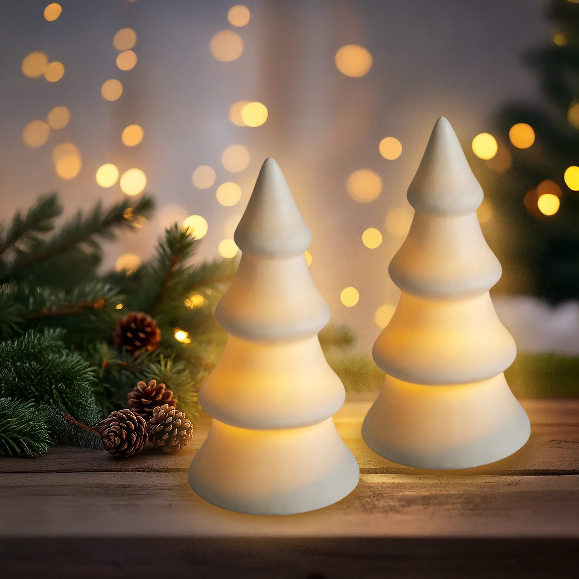 Spetebo LED-Dekofigur LED Keramik Weihnachtsbaum warm weiß 13 cm - 2er Set (Anzahl, 1 St., Stück), mit indirekter Beleuchtung