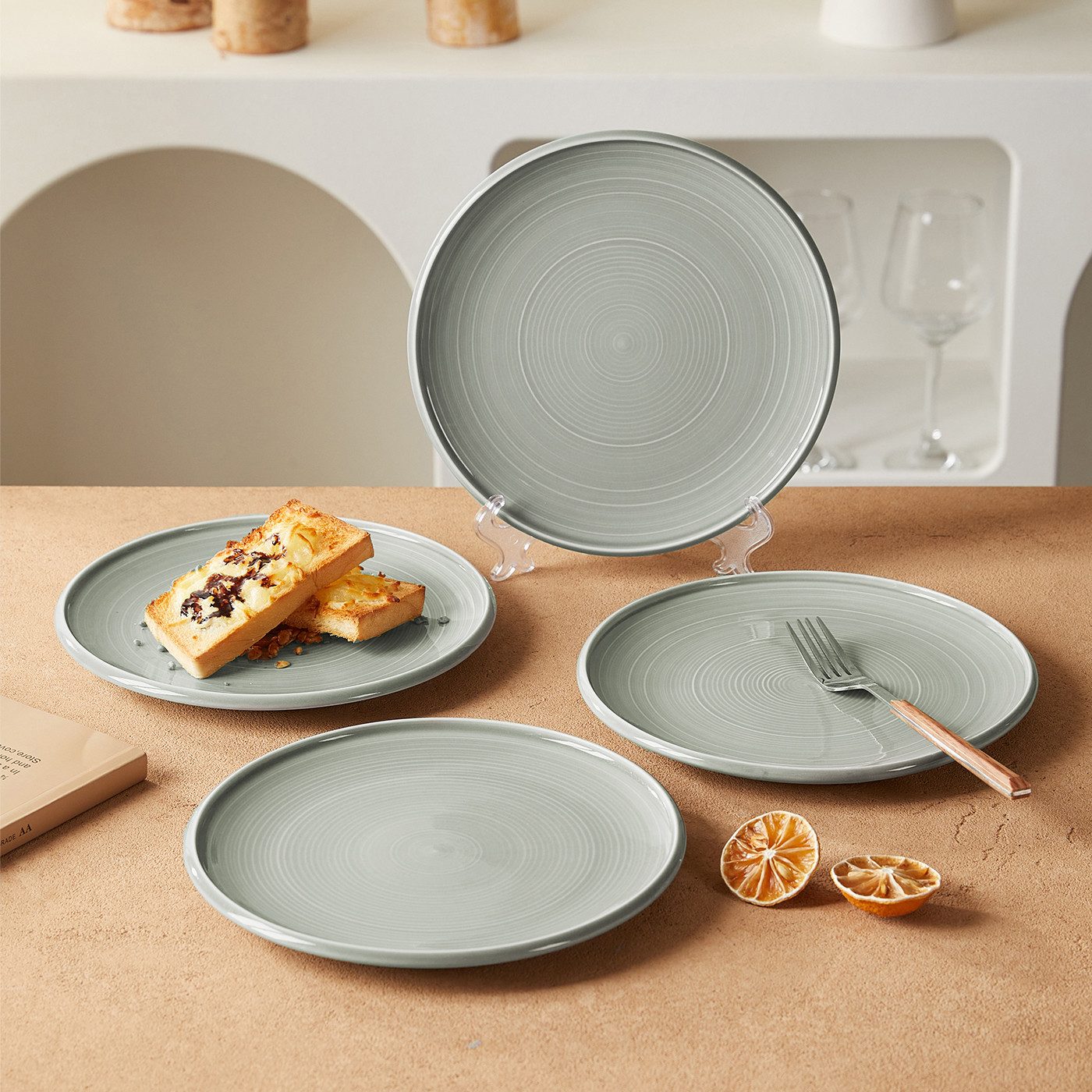 JIWOO Speiseteller 4er Ø21,8cm, Frühstücksteller Pastateller Teller Brotteller Plate, (4 St), Hochwertiges Tellerset Grau Mikrowellenofen Spülmaschine Ø 21,8cm