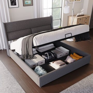Ulife Polsterbett Doppelbett mit Verstellbare Kopfstützen Leinen Stauraumbett (Bett ohne Matratze), 140 × 200 cm
