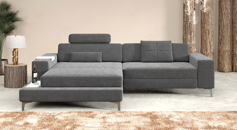 BULLHOFF Ecksofa »Designsofa Ecksofa »MÜNCHEN IV« Eckcouch L-Form Sofa LED  Couch Wohnlandschaft grau XXL Ottomane«