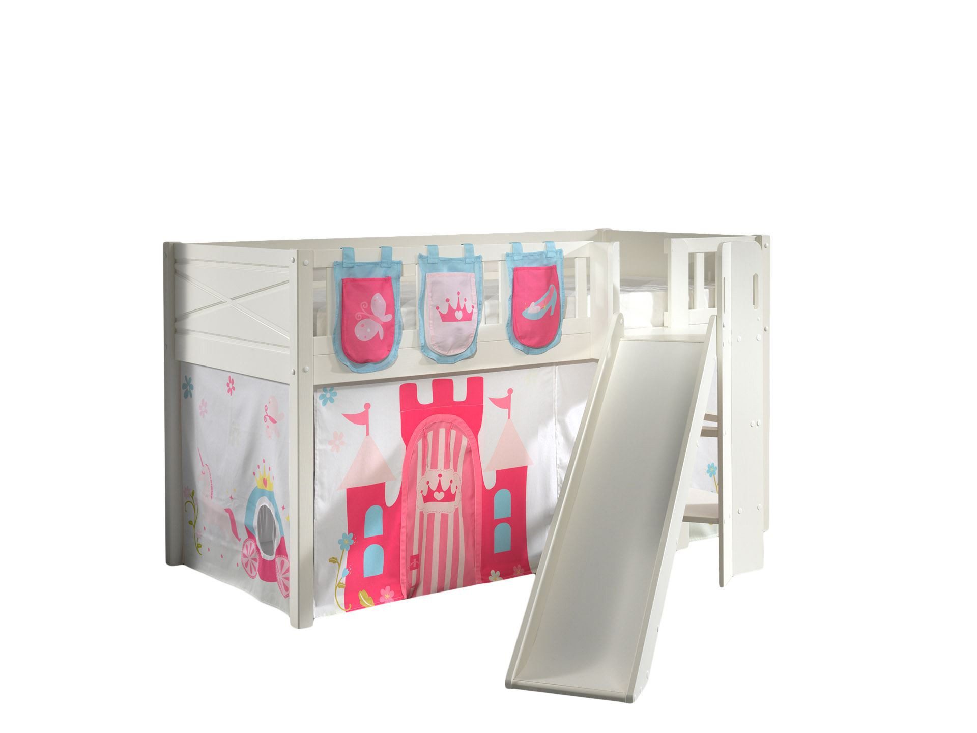 58 aufm Kessel Bettgestell Spielbett mit Rutsche Karyl 208x204x114 Kinderbett Massivholz Princess (inkl. Versand, Lieferung bis Verwendungsstelle), Liegefläche 90 x 200, Rutsche im 33° Winkel, Rolllattenrost, Textilset