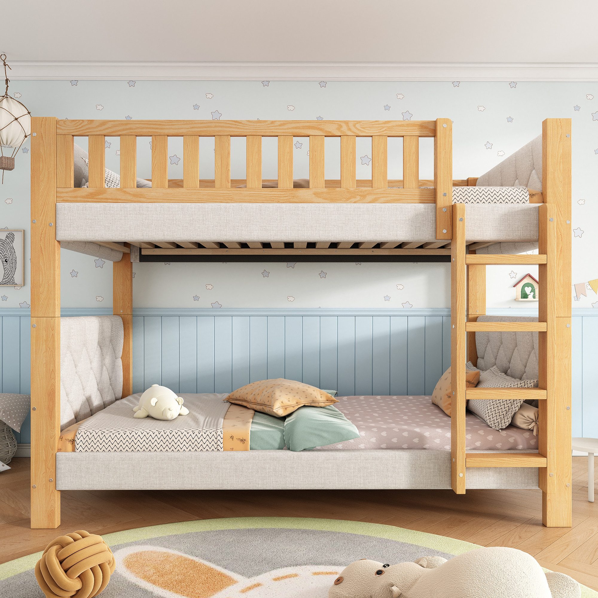 Flieks Bunk Bed, Children's Bed 90x200cm with Anti-Collision Sponge Edge and Fall Protection