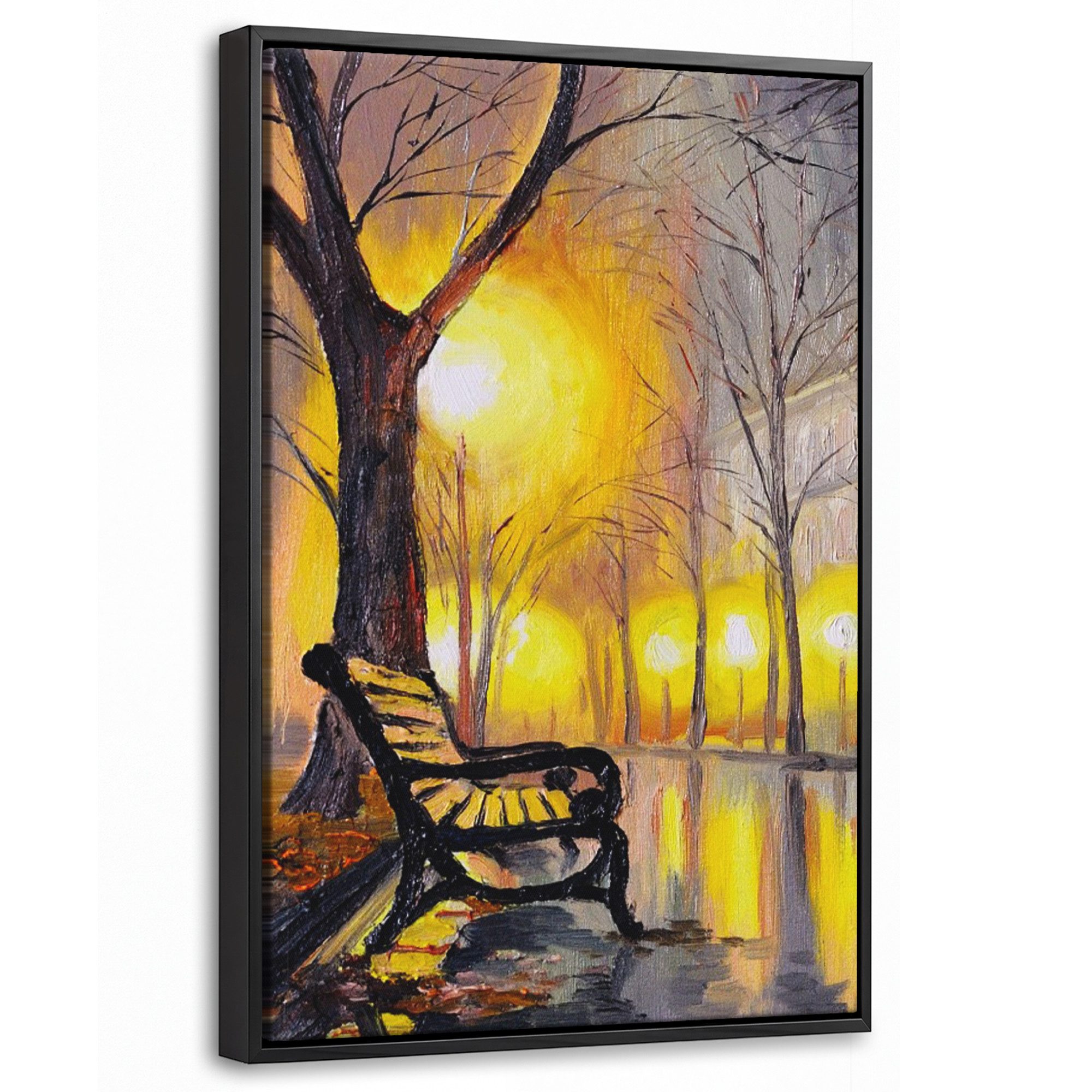 OneMillionCanvasses® Leinwandbild mit Rahmen - Malerei - Bank - Wasser - Licht - Öl, Fotodruck (1 St), Deko für Wohnzimmer Schlafzimmer Küche 20x30cm