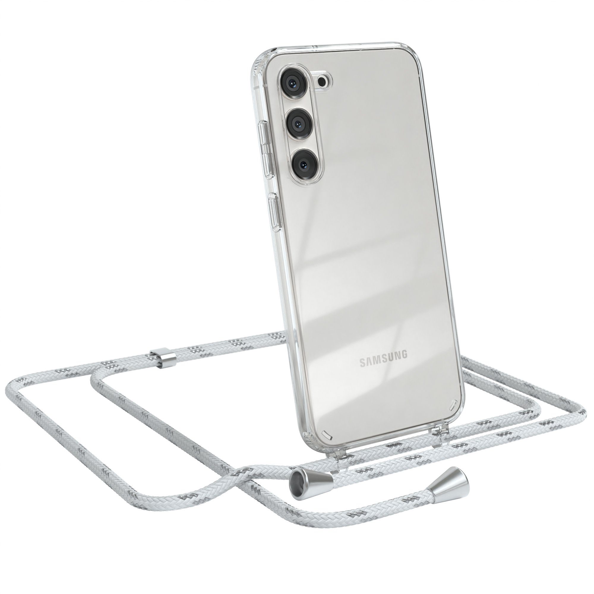 EAZY CASE Handykette Hülle mit Kette für Samsung Galaxy S23 Plus 6,6 Zoll, Hülle Smartphonekette für Unterwegs Festivalhülle Transparent Weiß