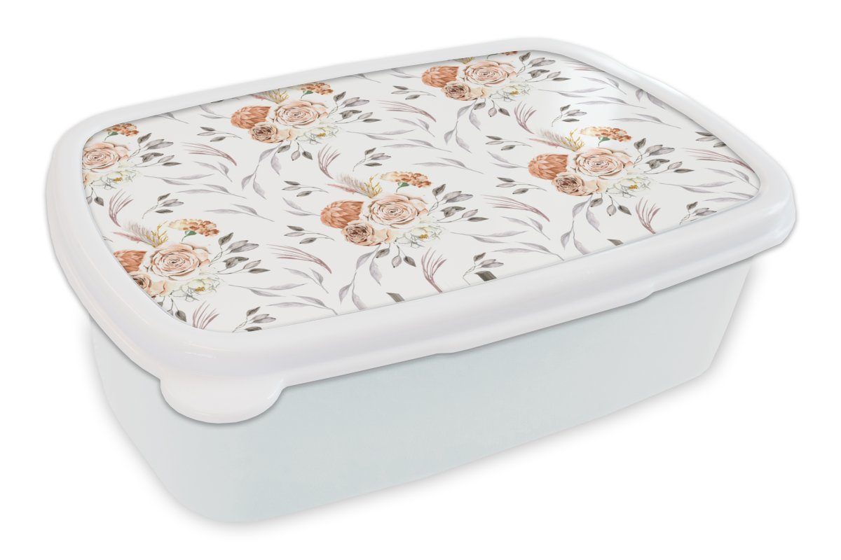 MuchoWow Lunchbox Blumen - Blätter - böhmische Dekoration, Kunststoff, (2-tlg), Brotbox für Kinder und Erwachsene, Brotdose, für Jungs und Mädchen weiß