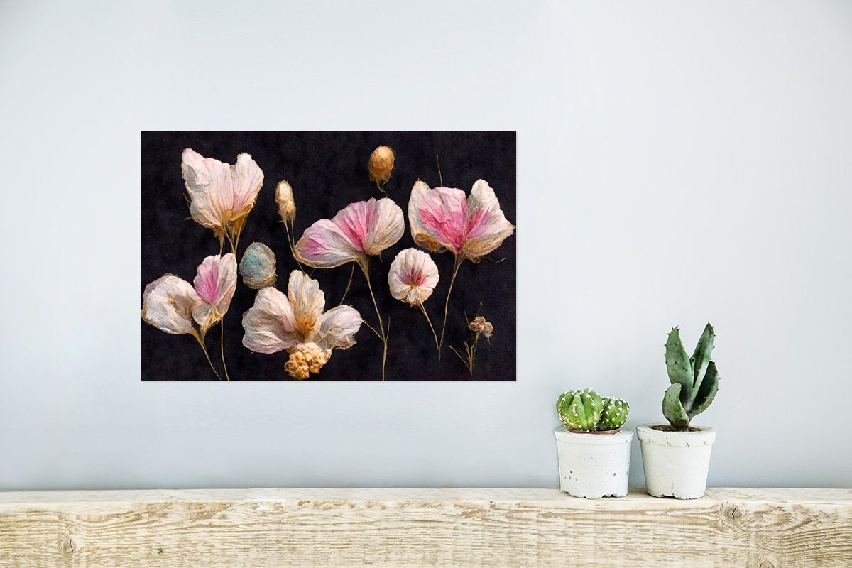 MuchoWow Poster Blumen St), Poster, Rahmen Wandposter Wandbild, (1 Schwarz, Wohnzimmer, - Ohne - - Pflanzen für Rosa