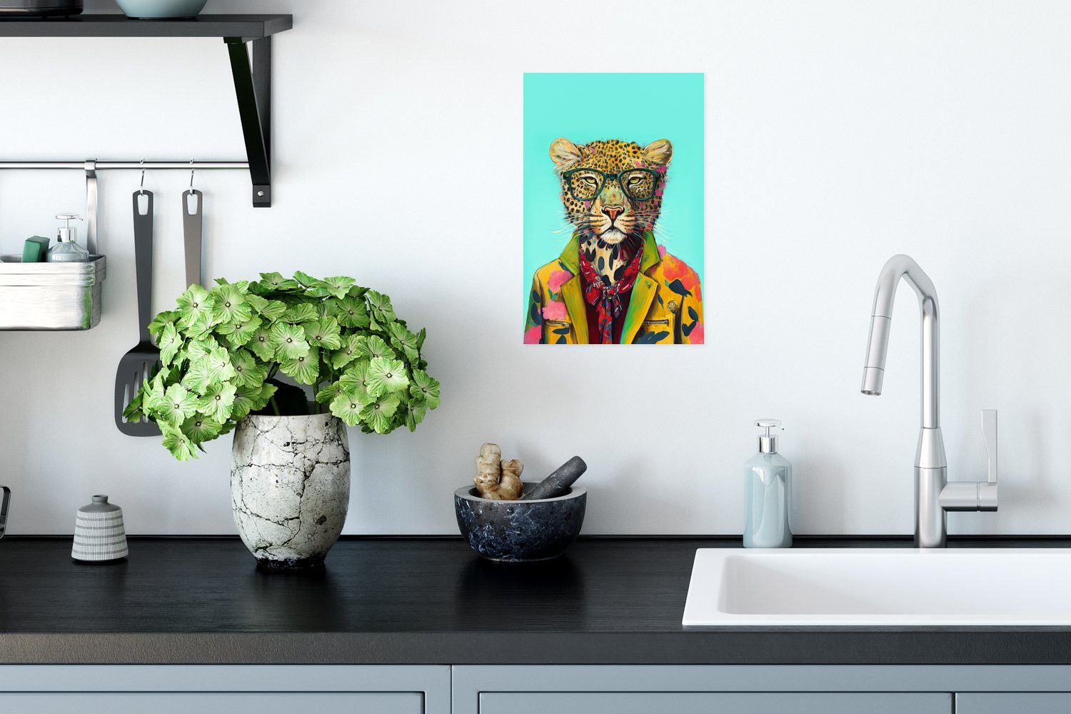 Leopard - Brille Wohnzimmer, Poster Design, Rahmen Wandbild, - MuchoWow St), Poster, Wandposter (1 Tier für - Schleife Ohne -