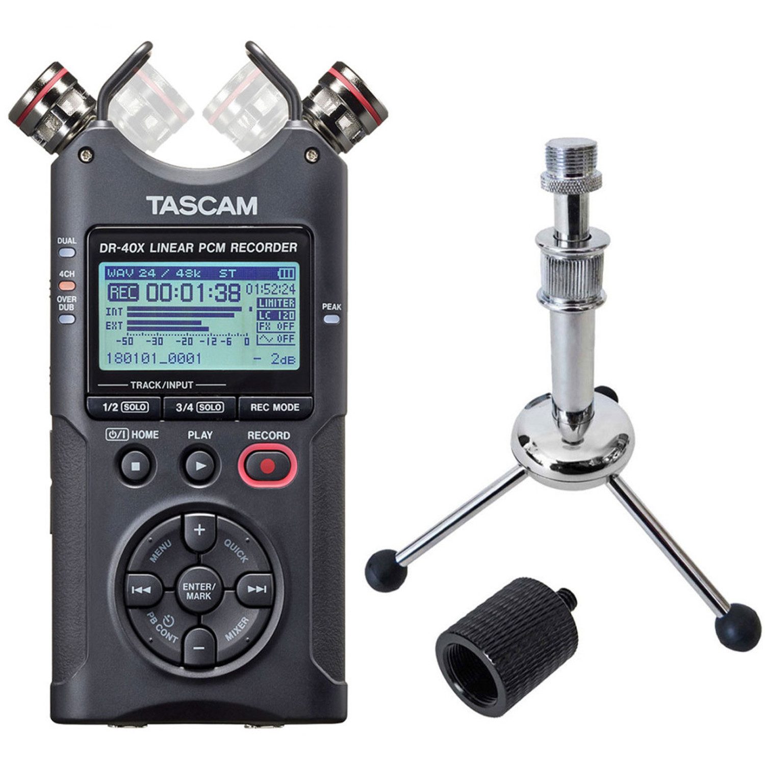 Tascam Tascam DR-40X Recorder mit Tripod Stativ mit Adapter Digitales Aufnahmegerät (Recorder)