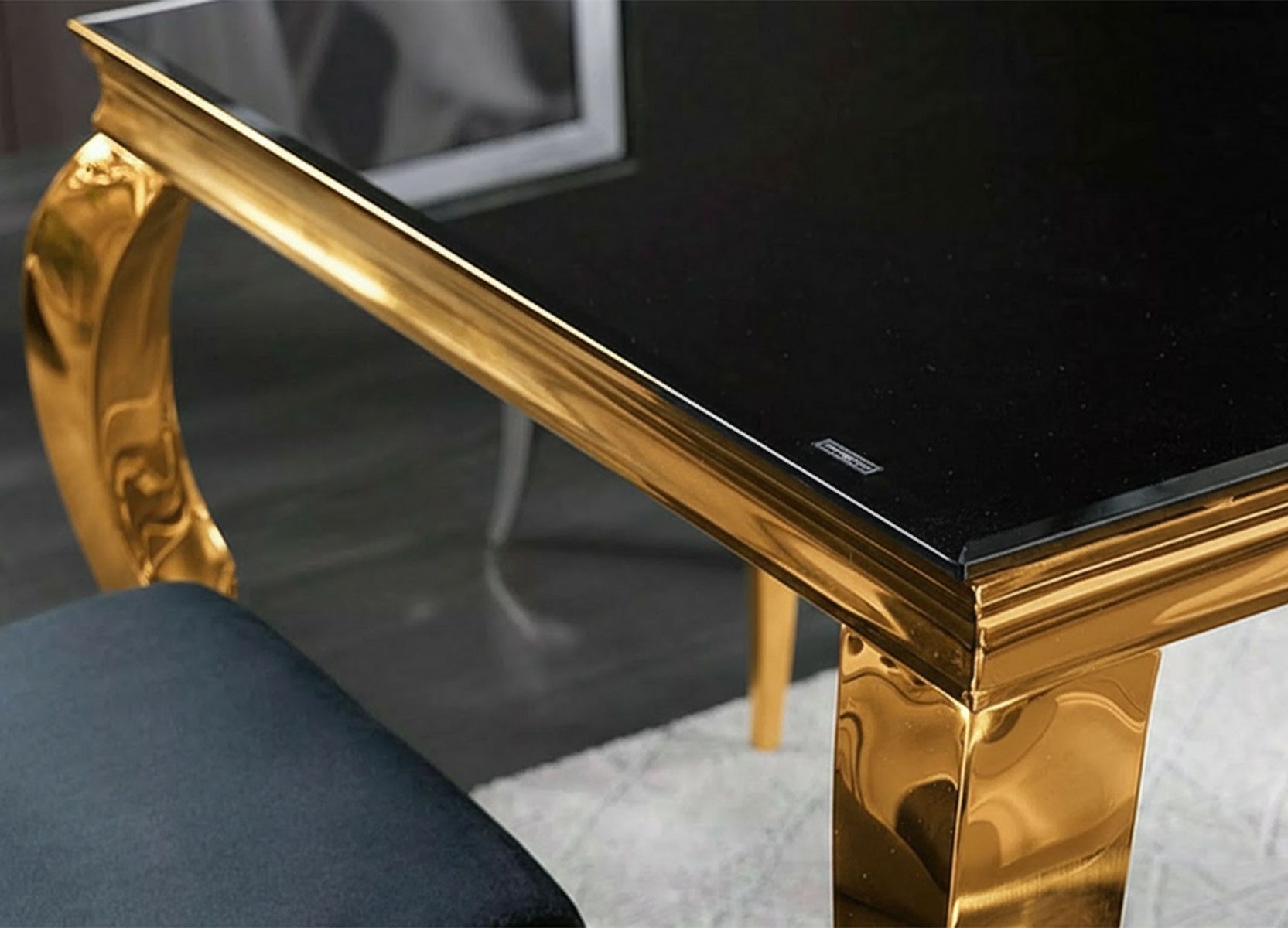Feldmann-Wohnen Esstisch Prince (rechteckige Tischplatte 150x90cm, 1-St., Marmor Optik, stilvolles Gestell in gold), 150x90x75cm Schwarzglas / gold