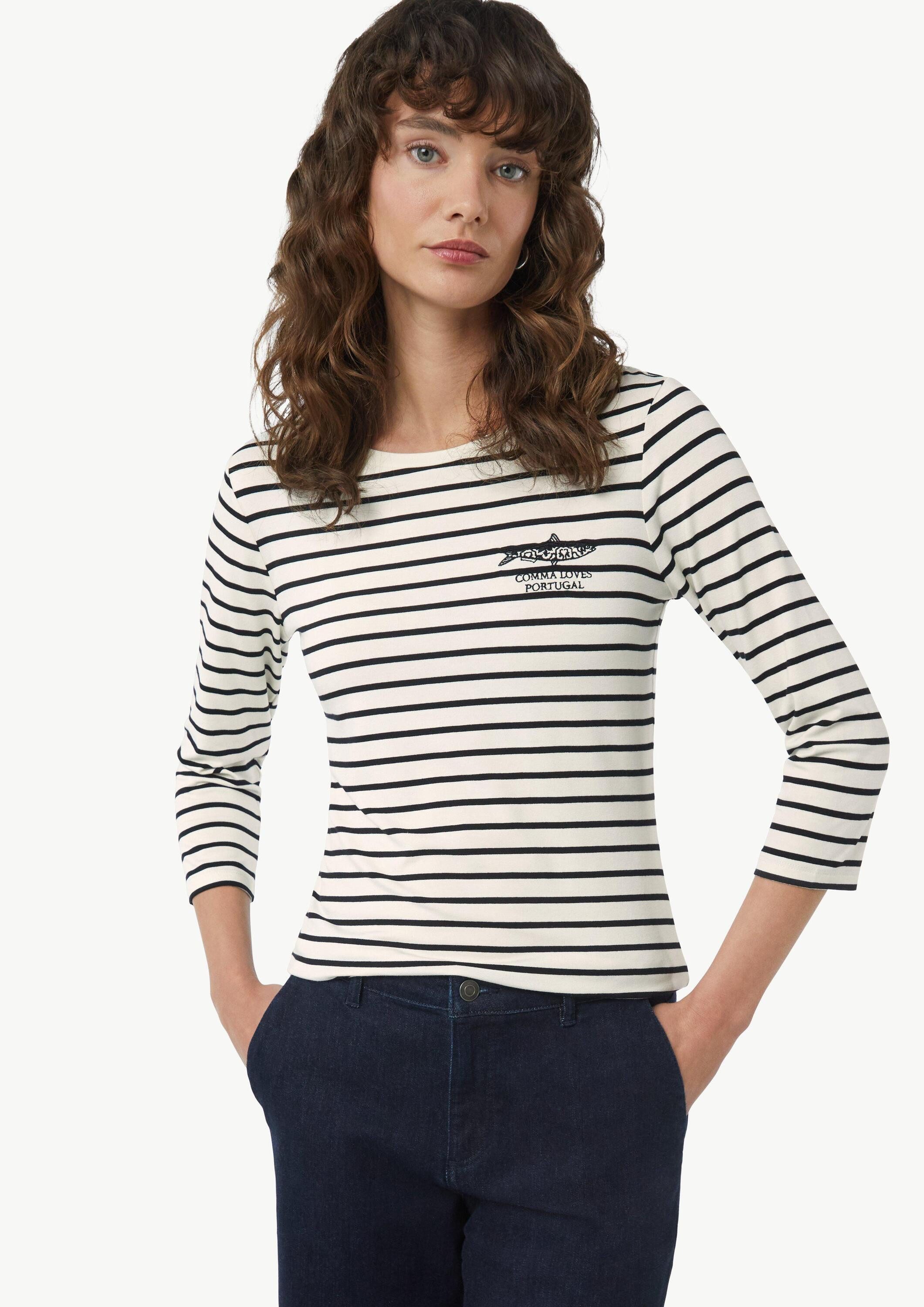 comma 3/4-Arm-Shirt T-Shirt Streifenshirt mit Stickerei günstig online kaufen