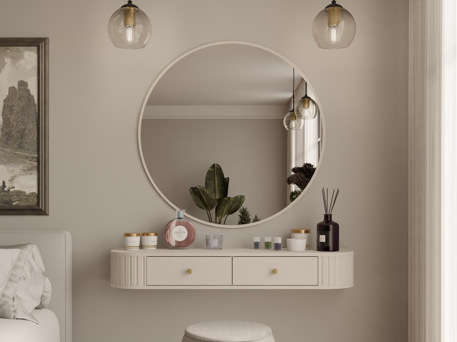 Compleo Schminktisch hängend mit Rund Spiegel, Stil Japandi oder Modern, Ei günstig online kaufen
