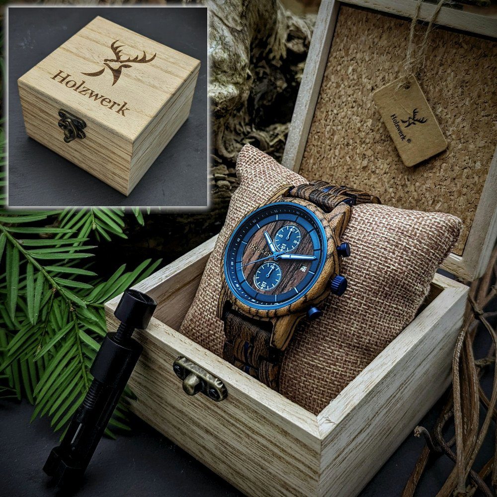 blau Holz SEELAND metallic Chronograph Holzwerk Datum Uhr Herren Armband in mit braun,