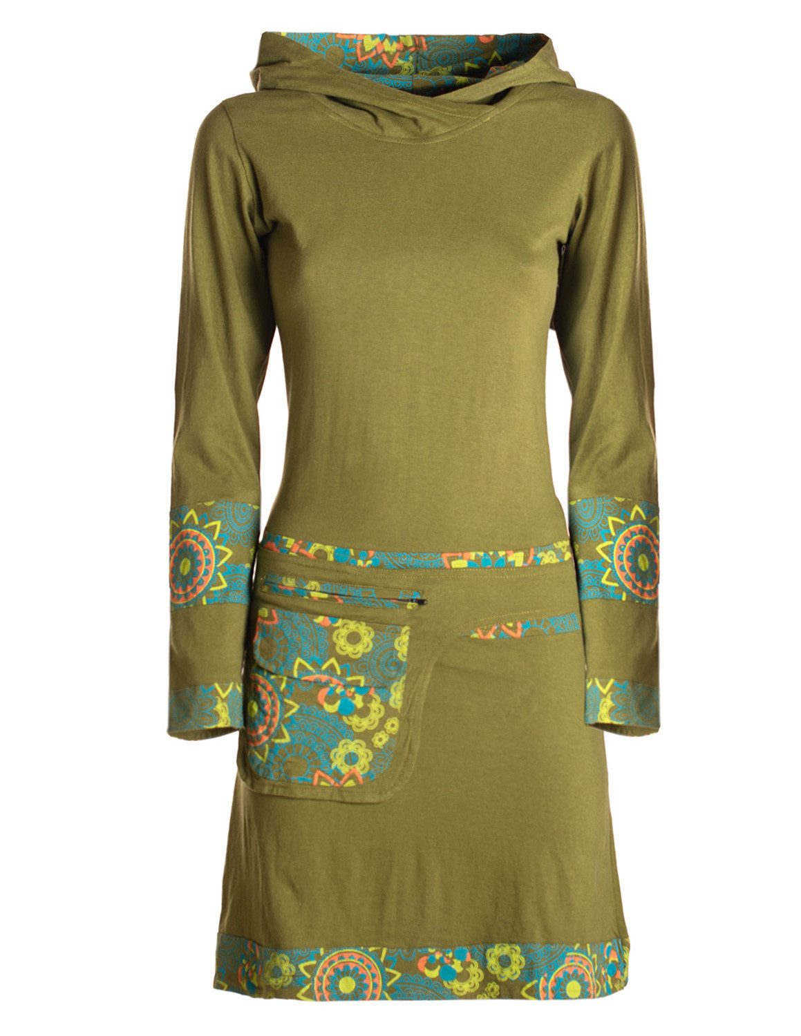 Jerseykleid Damen mittellanges Kleid Baumwolle Blumen-Muster Hoodie Kleid Tasche