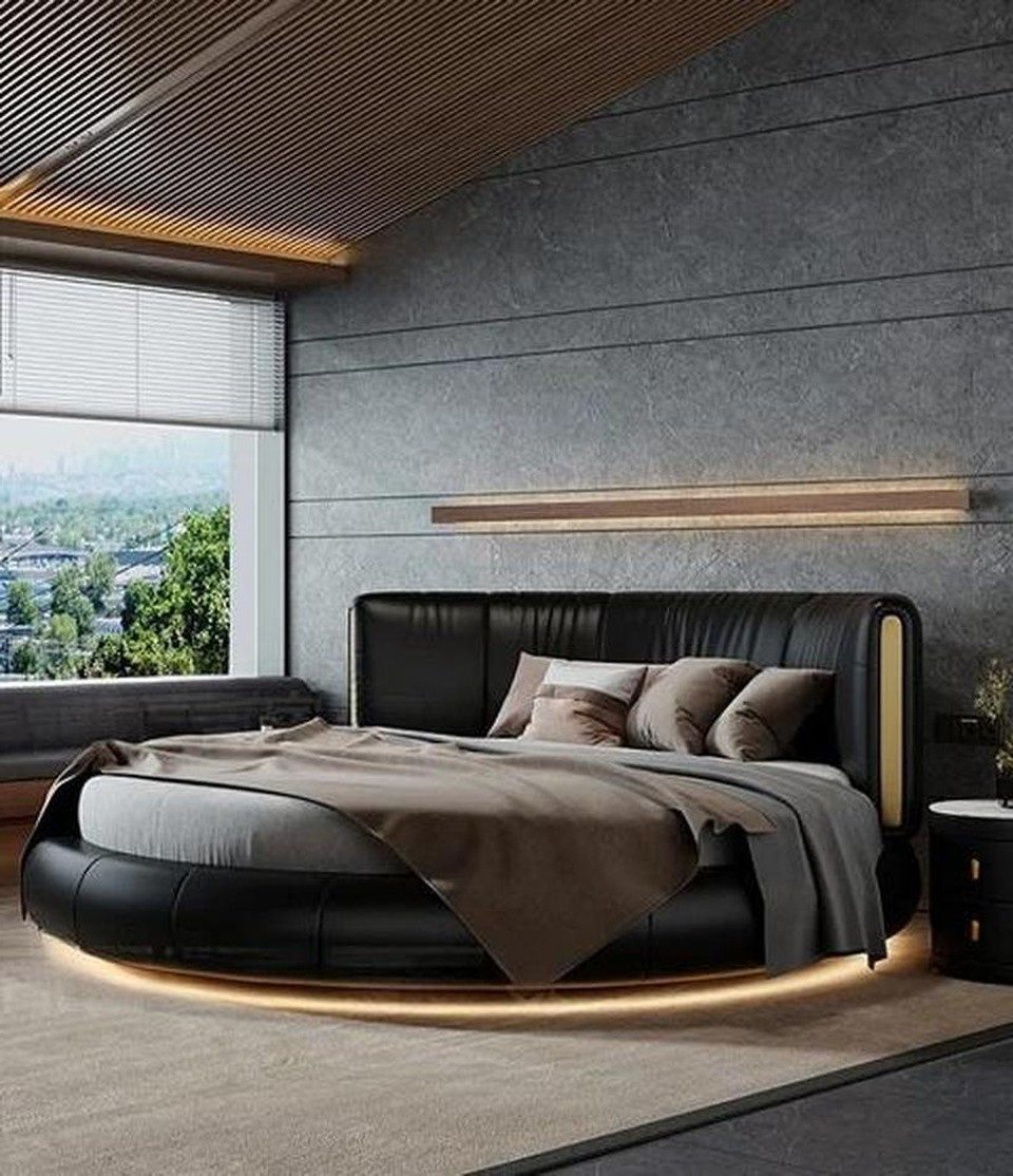 Xlmoebel Rundbett Designer Rundbett in Schwarz mit Beleuchtung und Holzgestell, Made in Europa