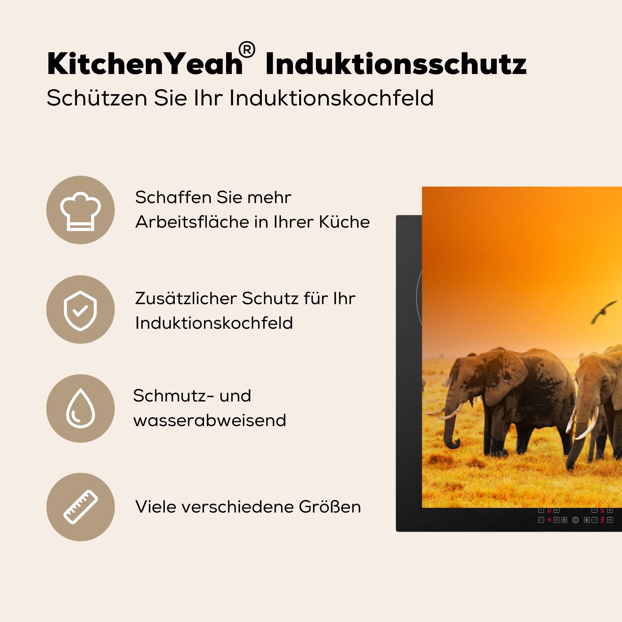 MuchoWow Herdblende-/Abdeckplatte Elefant - Vinyl, küche, Induktionskochfeld (1 die für 81x52 Vogel Ceranfeldabdeckung cm, - Orange, tlg), Schutz