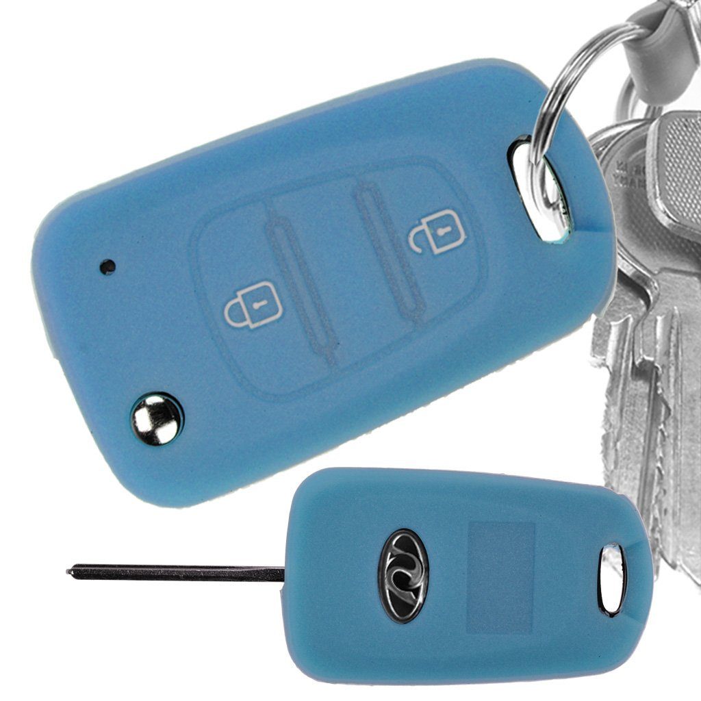 mt-key Schlüsseltasche Autoschlüssel Softcase Silikon Schutzhülle fluoreszierend Blau, für Kia Picanto Rio Sportage Hyundai Elantra Accent 2 Tasten Schlüssel