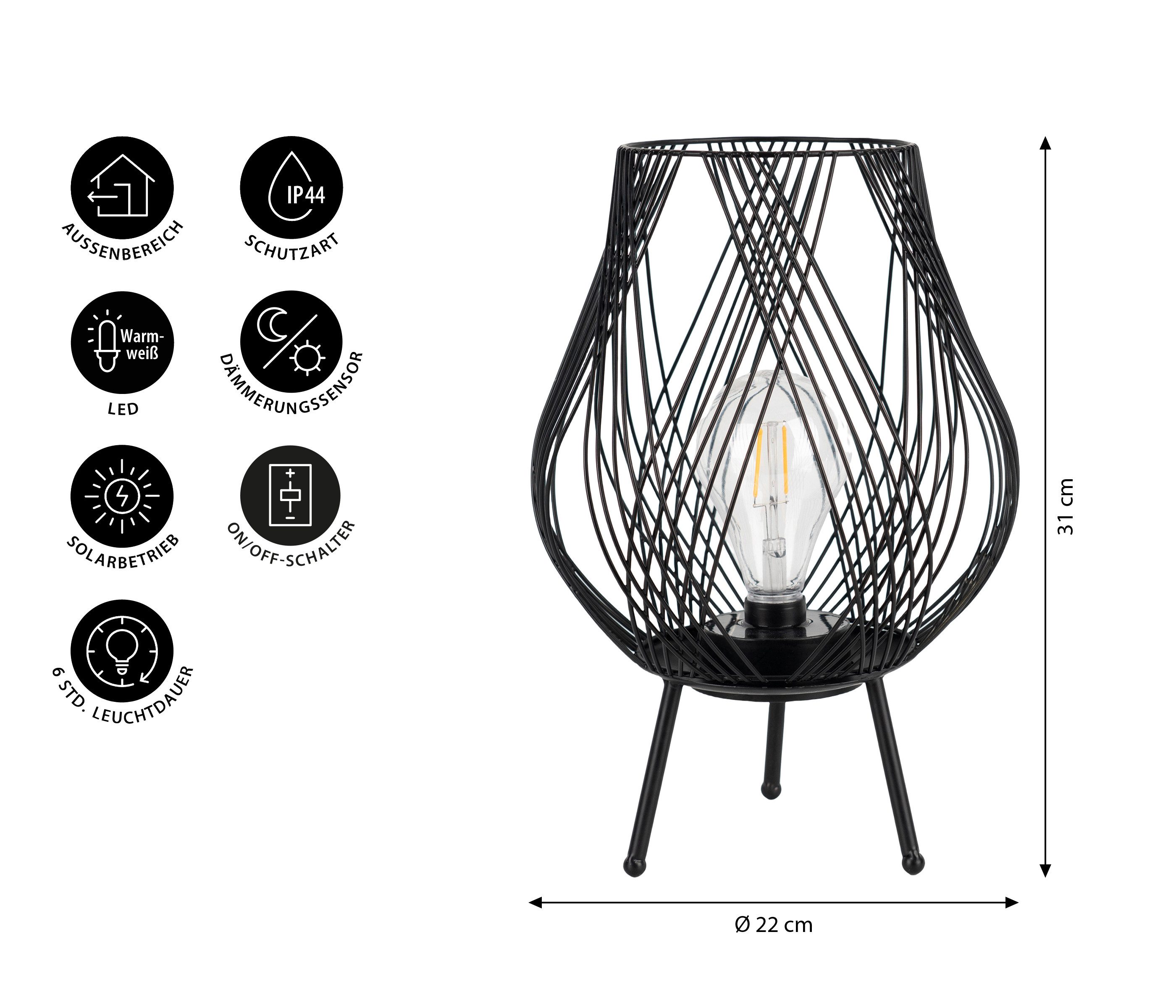 Dehner LED Solarleuchte Romy, LED Gartenlaterne, Solar, Ø22 x H31 cm, Metall, schwarz, Warmweiß, Dämmerungssensor, Solar