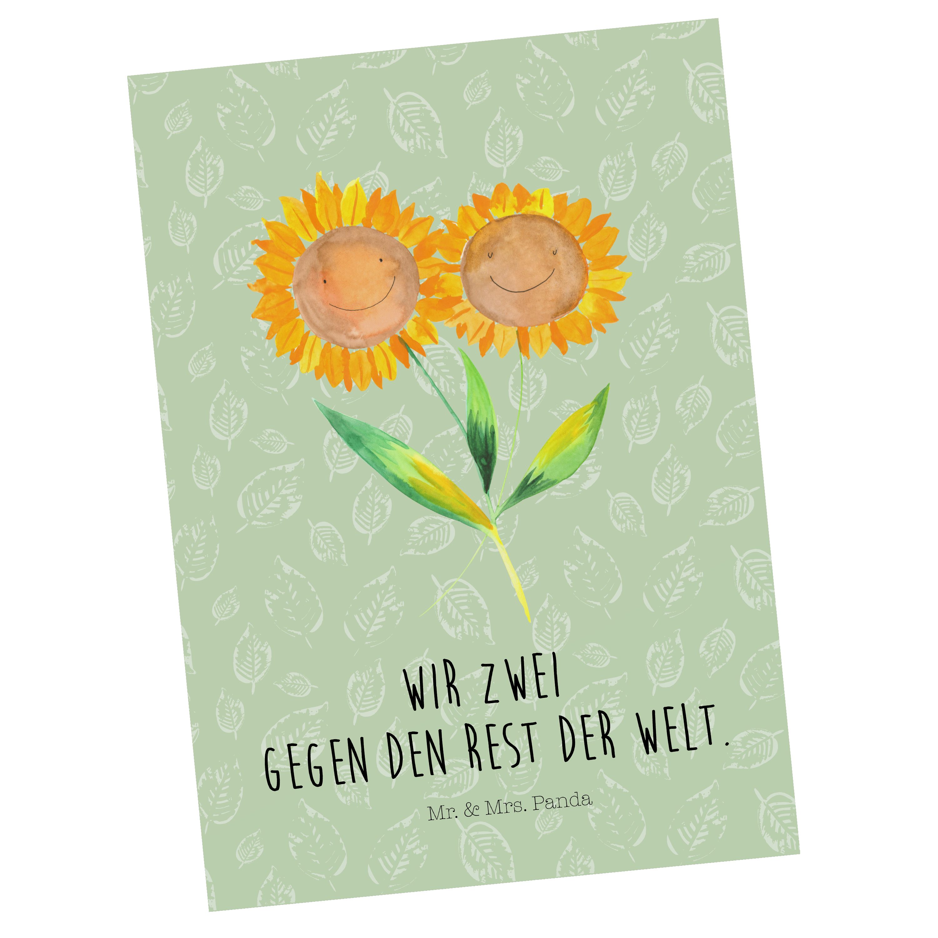 Mr. & Mrs. Panda Postkarte Sonnenblume - Blattgrün - Geschenk, Blumen, Pflanzen, Dankeskarte, Ge