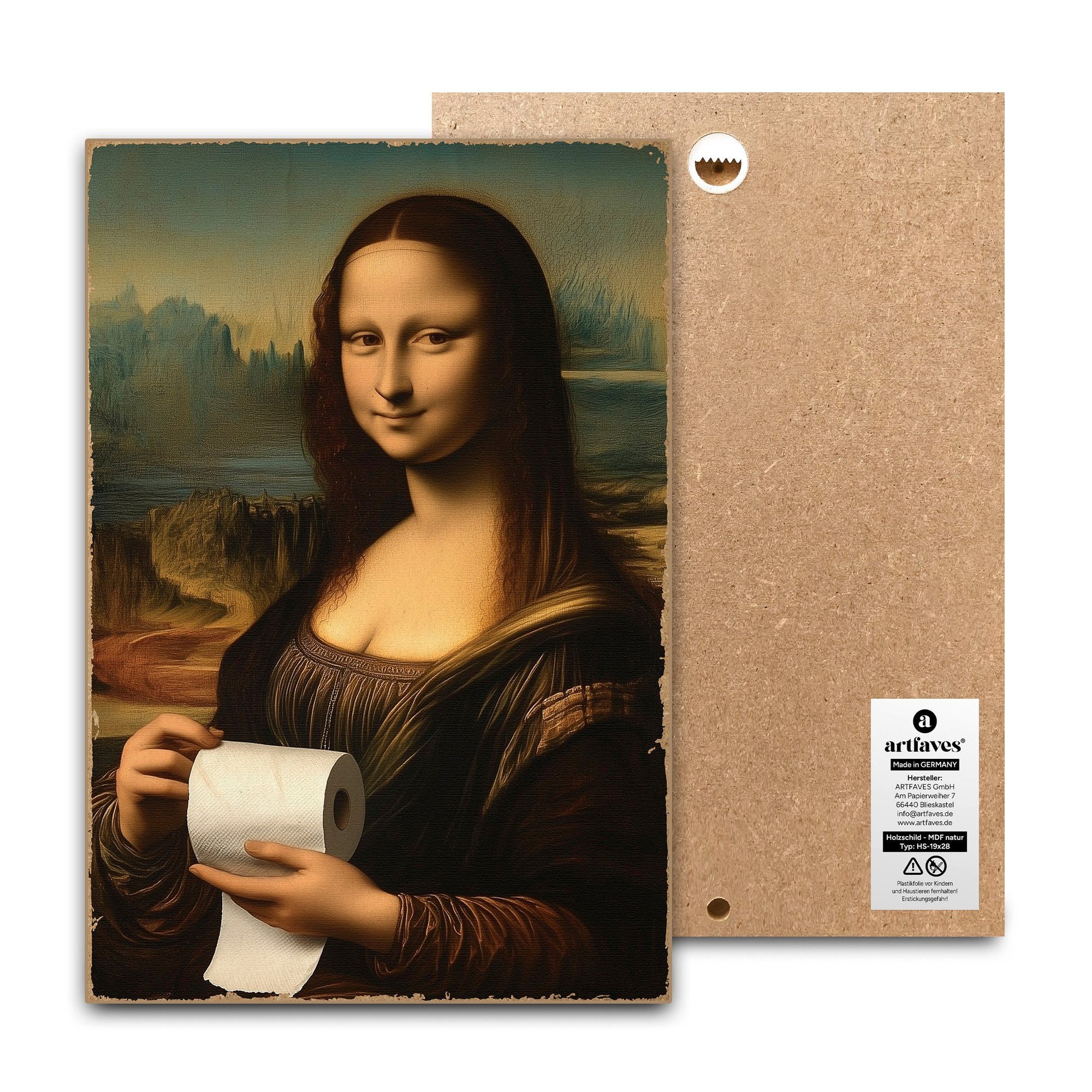 ARTFAVES Holzbild Schild mit Spruch - Mona Lisa Klopapier - Kunst, witzig günstig online kaufen