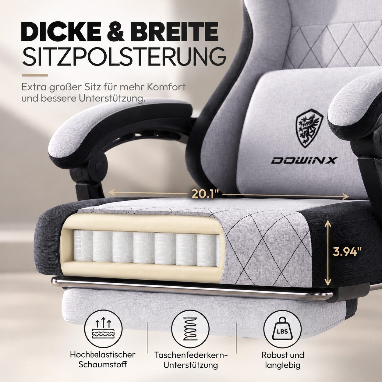 Dowinx Gaming-Stuhl Lendenwirbelstütze Bürostuhl mit Fußstütze für Erwachsene (Packung), Ergonomischer Gaming Sessel Groß und Hoch für Office Gaming 135KG – Bild 3 von 5
