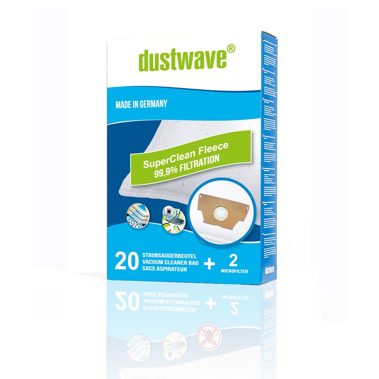 Dustwave Staubsaugerbeutel Megapack, passend für Base BA 1200 / BA1200, 20 St., Megapack, 20 Staubsaugerbeutel + 2 Hepa-Filter (ca. 15x15cm - zuschneidbar)