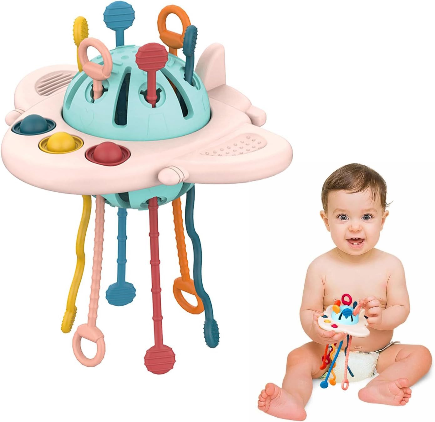 Fivejoy Greifspielzeug Silikon-Montessori, Sinnesspiele für Babys, Zugschnur-Spielzeug (Reisespielzeug für 1-jährige Babys, Babys für die Feinmotorik, 1-tlg., Lebensmittelqualitäts-Silikon-Zugschnur-Aktivitätsspielzeug), Geburtstagsgeschenke, Geschenkspielzeug für 1-jährige Babys