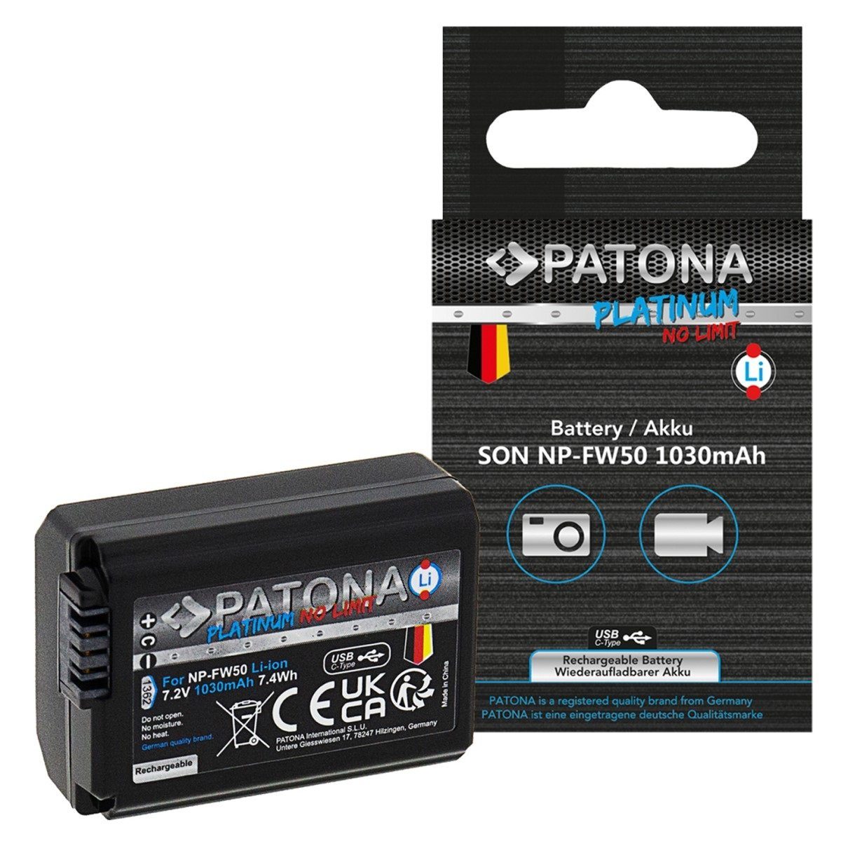 Patona Akku für Sony NP-FW50 mit USB C Input Kamera-Akku Ersatzakku Akku 1030 mAh (7,2 V, 1 St), NEX.3 NEX.3C NEX.5 NEX.5A NEX.5C