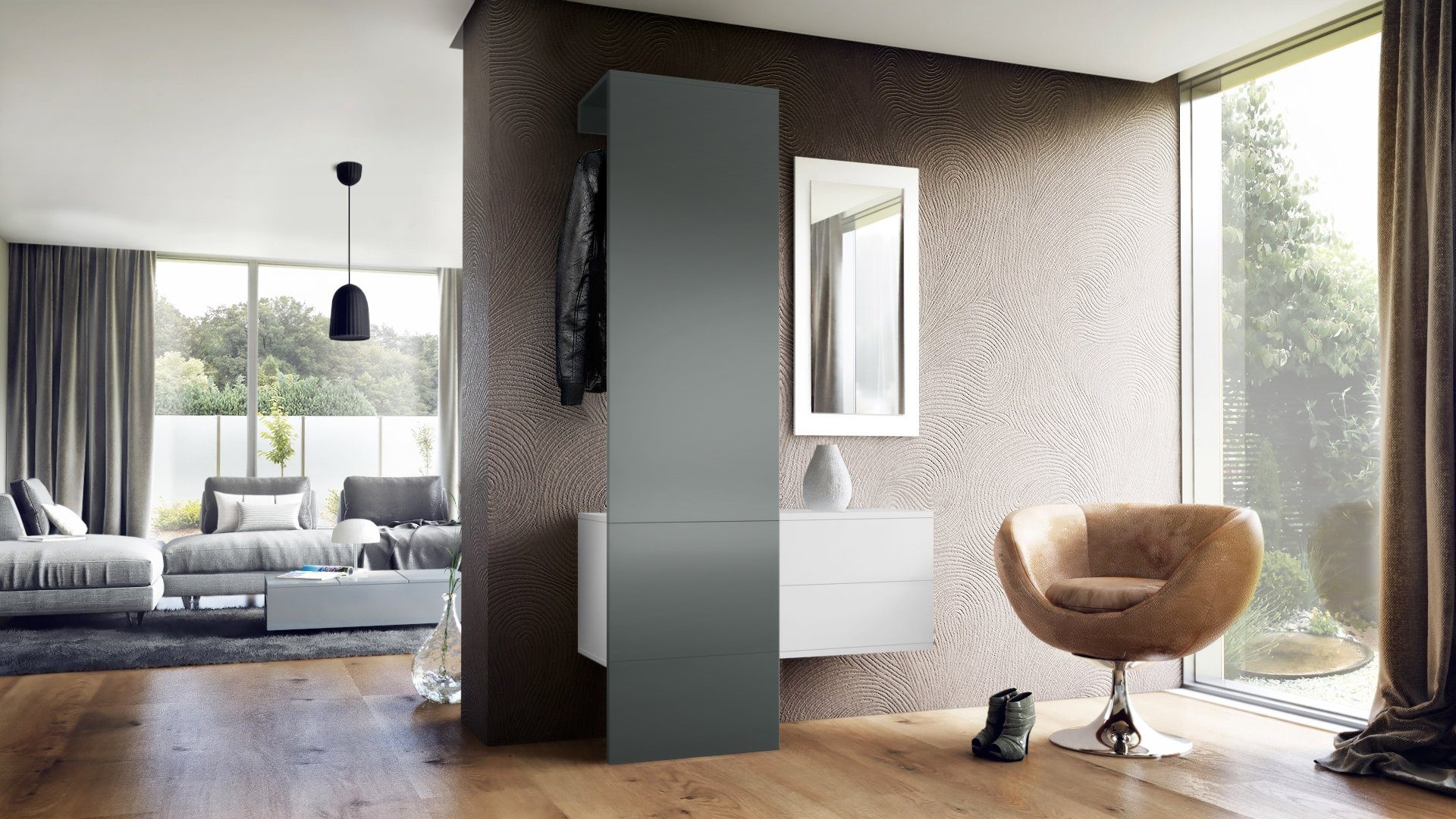 Vladon Garderoben-Set Carlton Set 2, (Wandgarderobe bestehend aus, ​ 1 Paneel, 1 Schubkastenschrank und 1 Wandspiegel), Weiß matt/Graphit seidenmatt (105 x 193 x 35 cm)