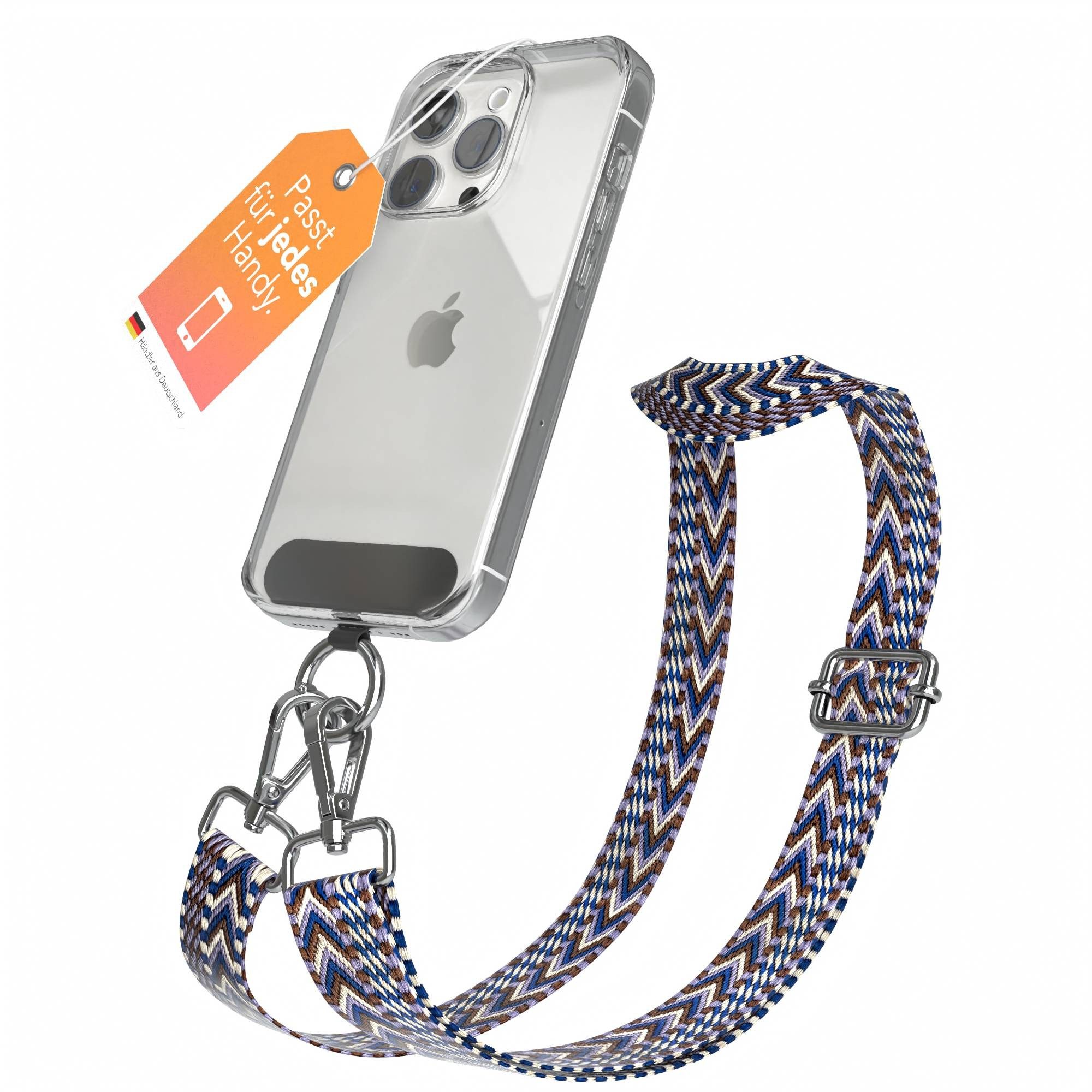 EAZY CASE Handykette Universal für alle Smartphones Boho/Wave/Leo Style, Handyband für iPhone Samsung mit Ring Riemen Universal Weiß Blau