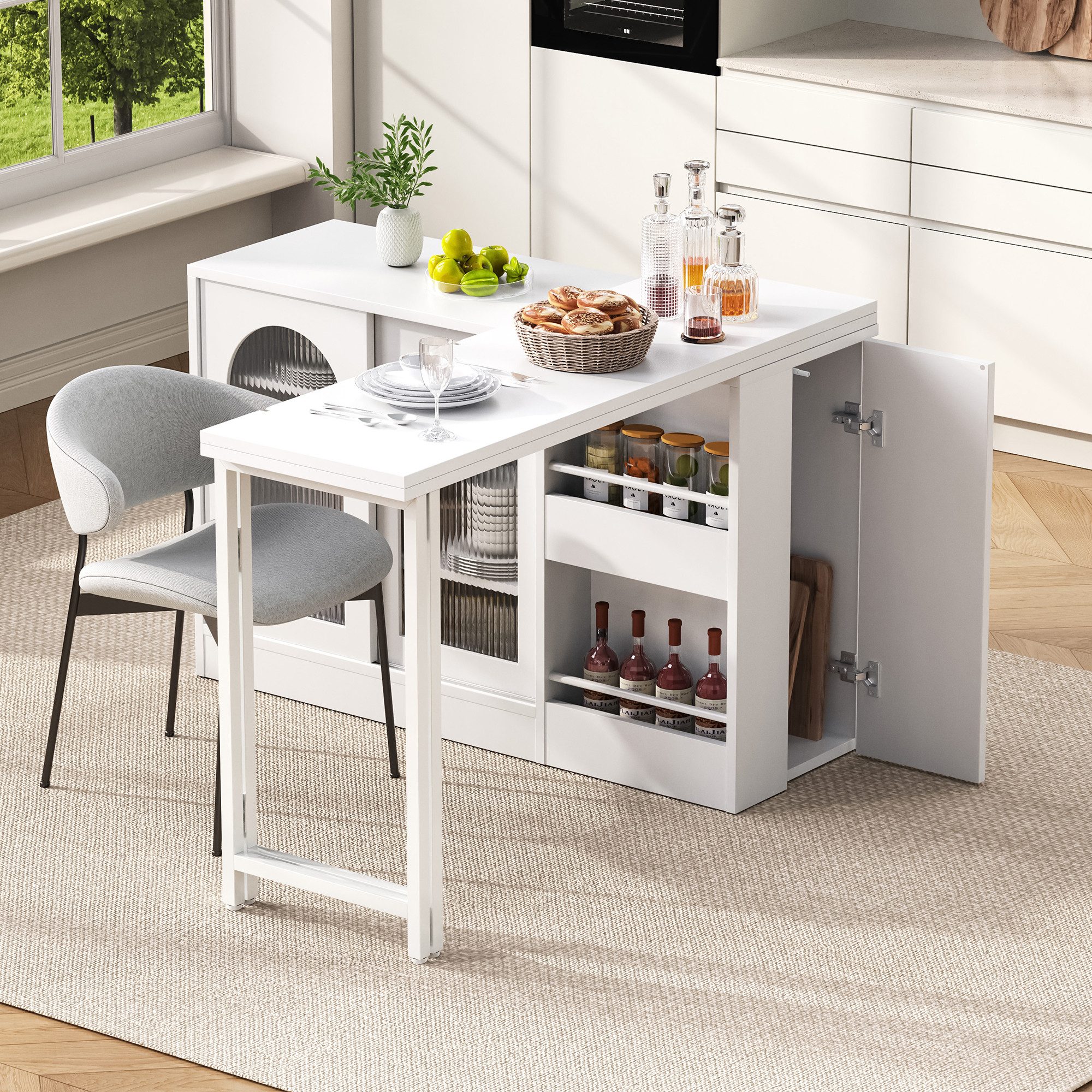 HAUSS SPOLE Bartisch mit Stauraum,Ausziehbar Sideboard Buffetschrank für Küche (Moderner ausziehbarer Bartisch mit 360° drehbarer Tischplatte, geriffeltem Glasschrank & Stauraum – Kücheninsel & Bartresen für kleine Räume), 360° Drehbare Bartisch