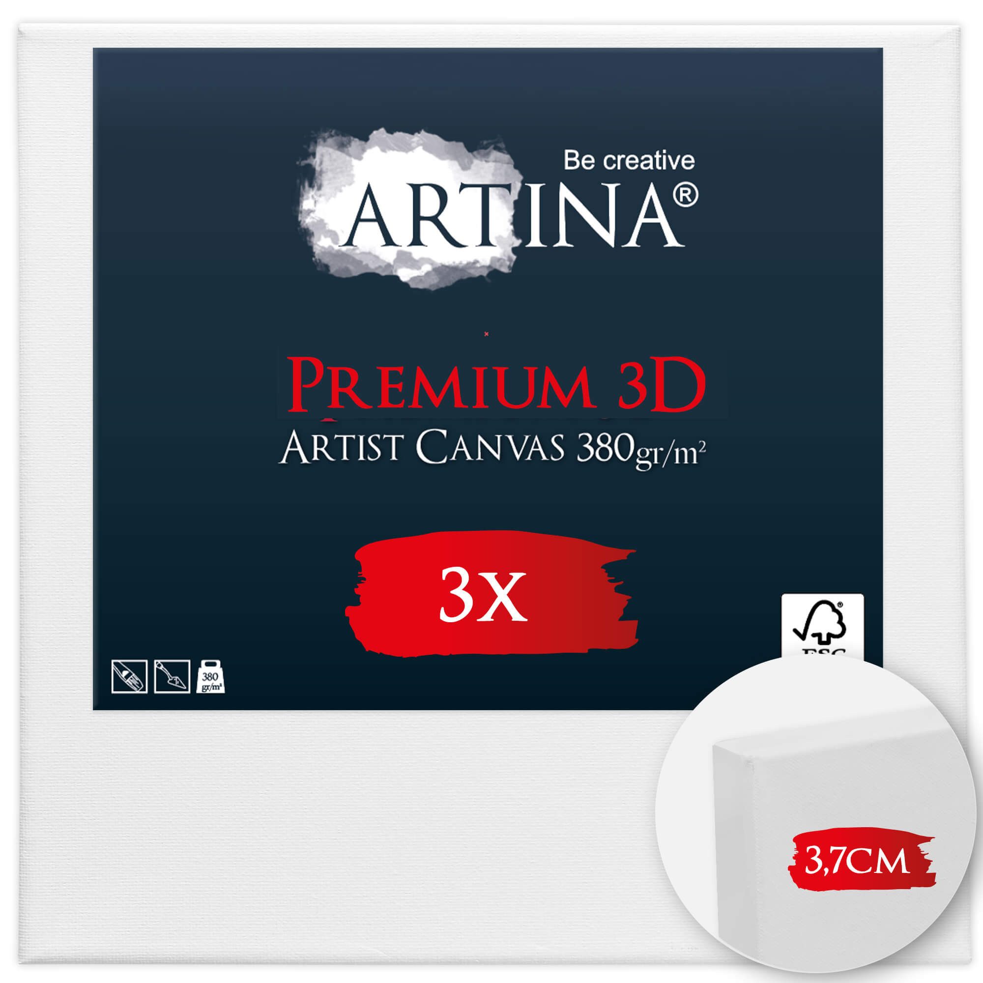 Artina Keilrahmen Keilrahmen Leinwand Premium 3D, 24x30cm, 3er Set, 380 g/m², verzugsfrei,3-fach weiß vorgrundiert,Premium Qualität, 100% Baumwolle