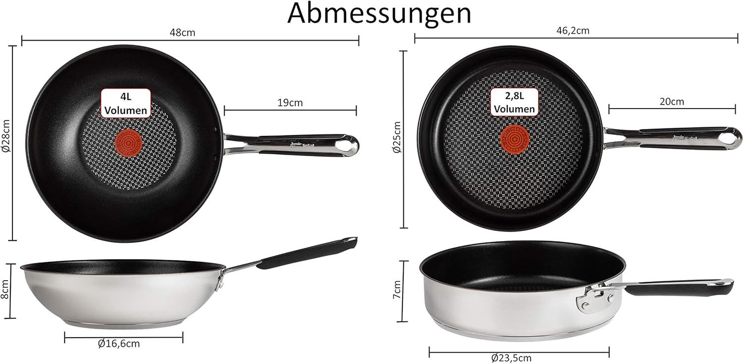 Tefal Pfannen-Set Jamie Oliver E76 Schmorpfanne mit Deckel 25cm + Wok pfanne 28cm Set8, Edelstahl 18/10 (Pfanne, Bratpfannen Set, Pfannenset, Wok, Wokpfanne, Schmorpfanne, Pfannen Inkl. 1 Wender & Filzschoner), Antihaftbeschichtet