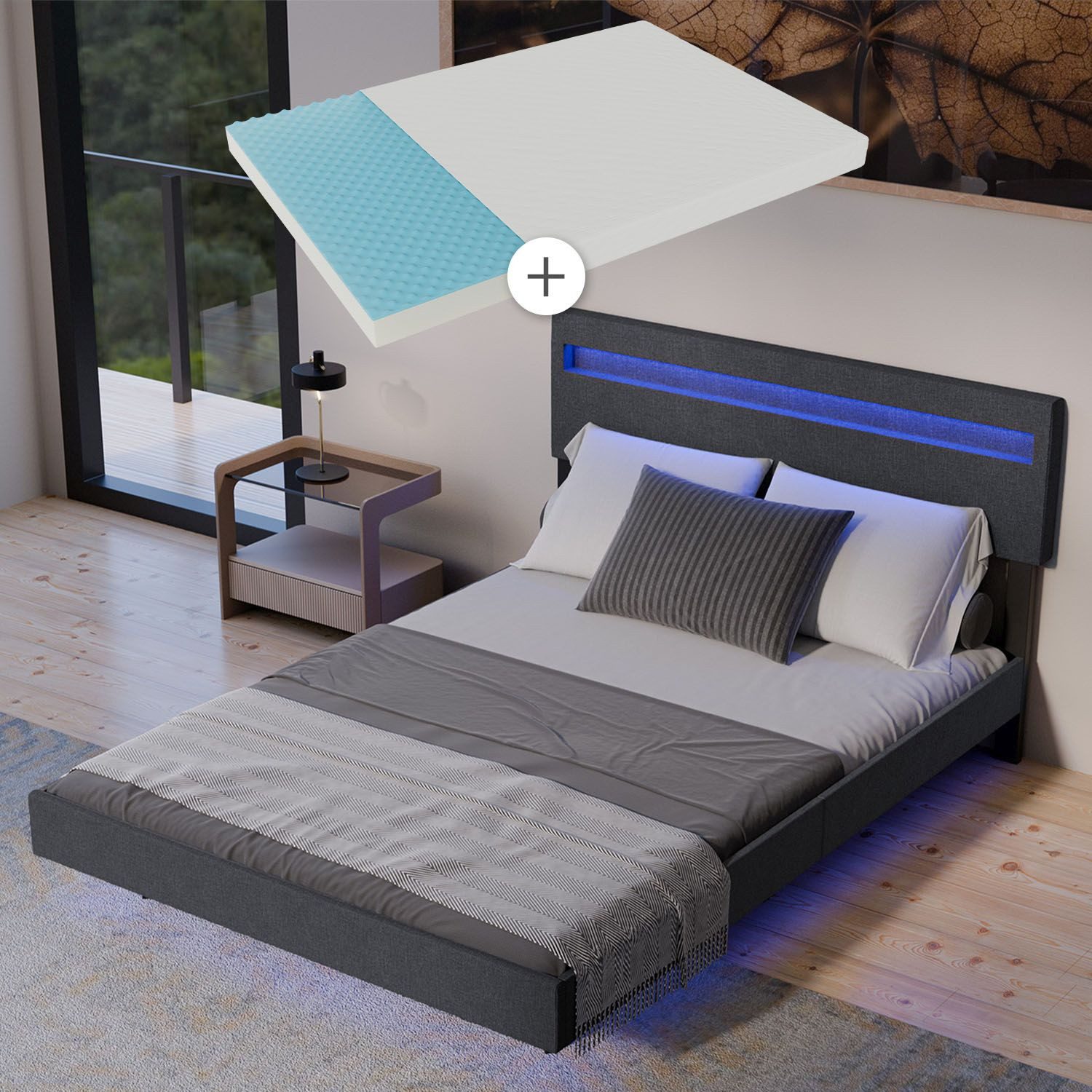 Juskys Polsterbett Lissabon, LED-Beleuchtung, Matratze, verstellbares Kopfteil, Schwebebett