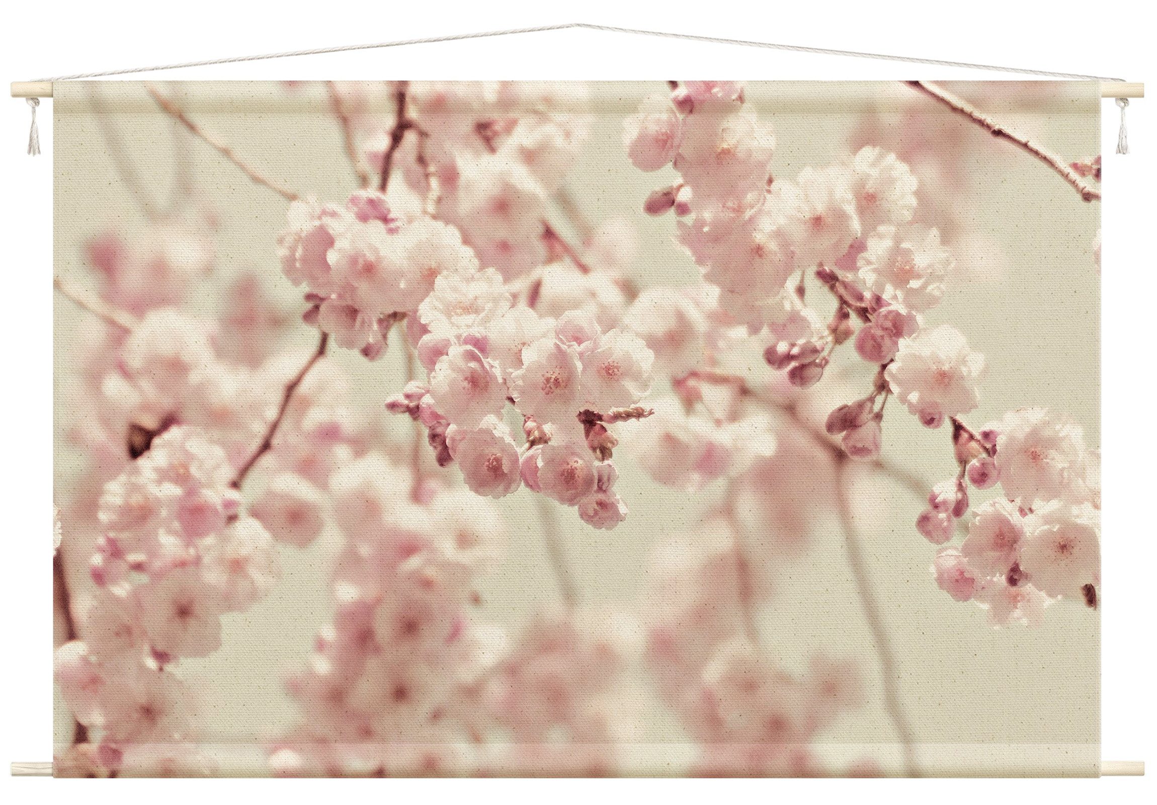 Bilderdepot24 Wandteppich modern Wald Blumen Kirschblüte Wald weiss, rechteckig, Höhe: 2.6 mm, großes Wandbild aus Natur-Baumwolle Wandbehang Stoffbild Tuch Wollseil