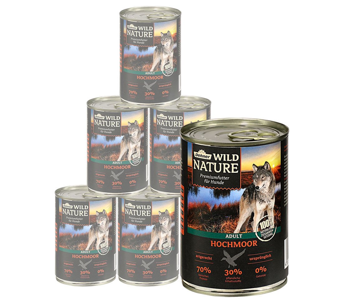 Dehner Wild Nature Hochmoor Adult Geflügel / Ente, 6 x 400 / 800 g Dose Ente, Nassfutter für: Hunde, Nassfutter für ausgewachsene Hunde, glutenfrei