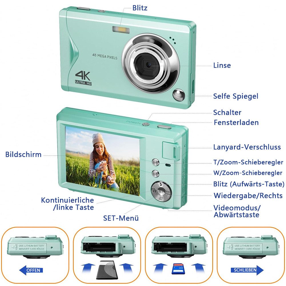 Fine Life Pro Kompaktkamera (48 MP, 16X Digitalzoom kompakte Fotokamera für Teenager Erwachsene Anfänger)
