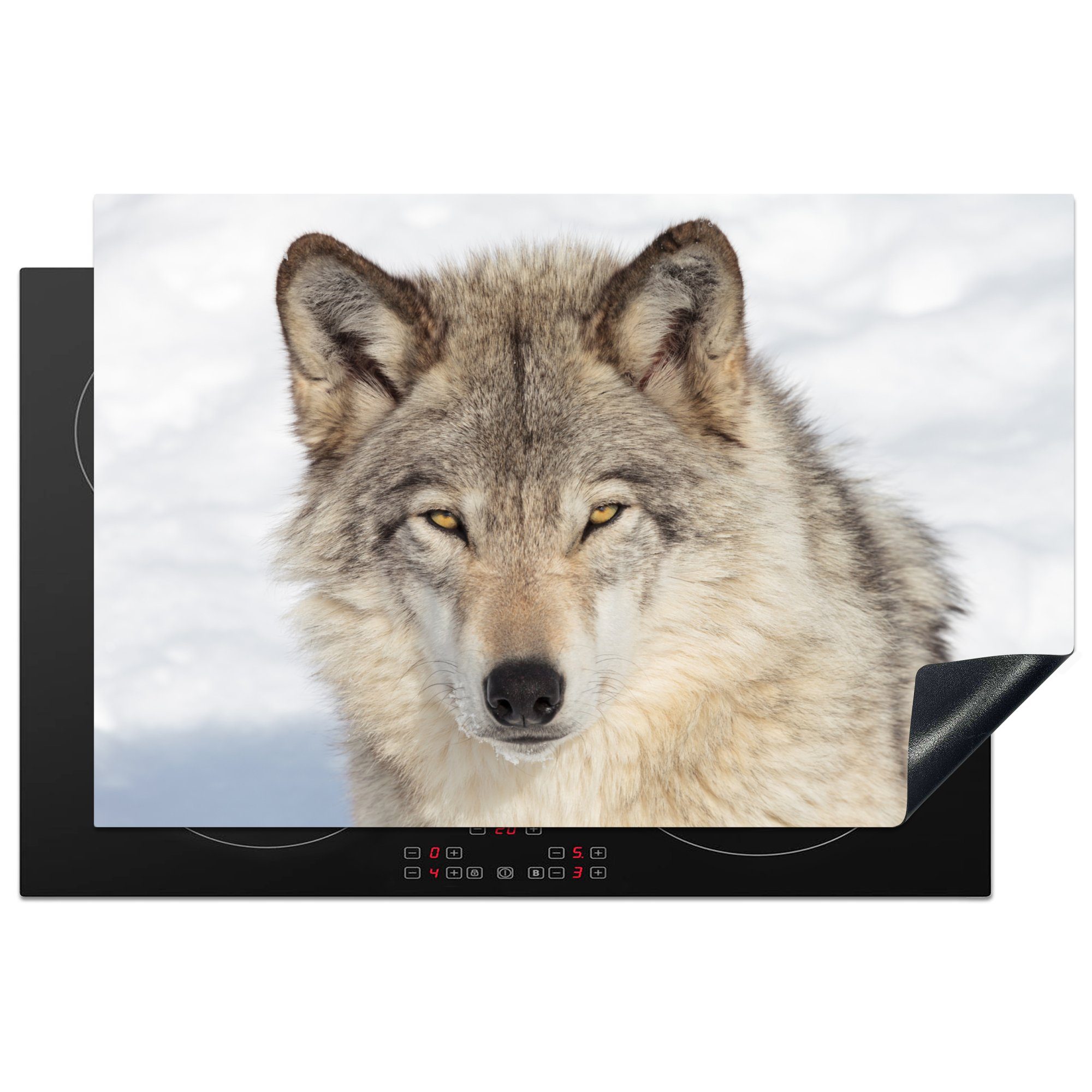MuchoWow Herdblende-/Abdeckplatte Wolf - Makro - Schnee, Vinyl, (1 tlg), 81x52 cm, Induktionskochfeld Schutz für die küche, Ceranfeldabdeckung