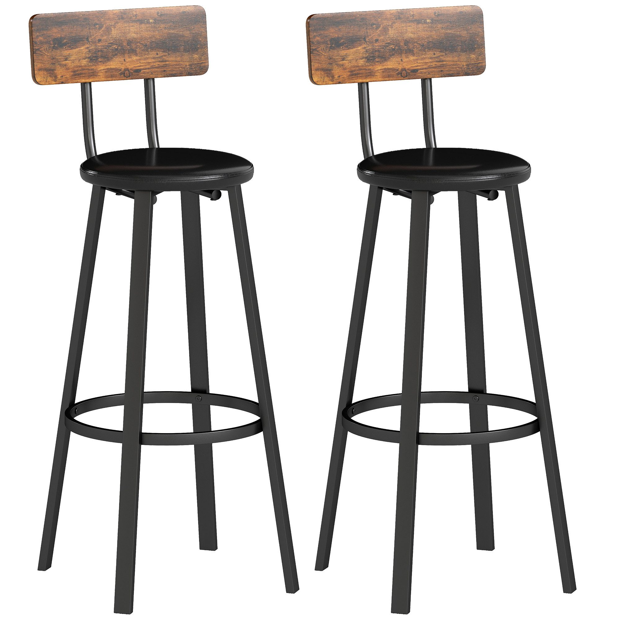 HOMCOM Barhocker Tresenhocker Barstuhl mit Fußstütze, Rückenlehne, 75,5 cm Sitzhöhe (Set, 2 St., 2er Set), Industriestil, einfache Montage, für Bartisch geeigne – Bild 2 von 5