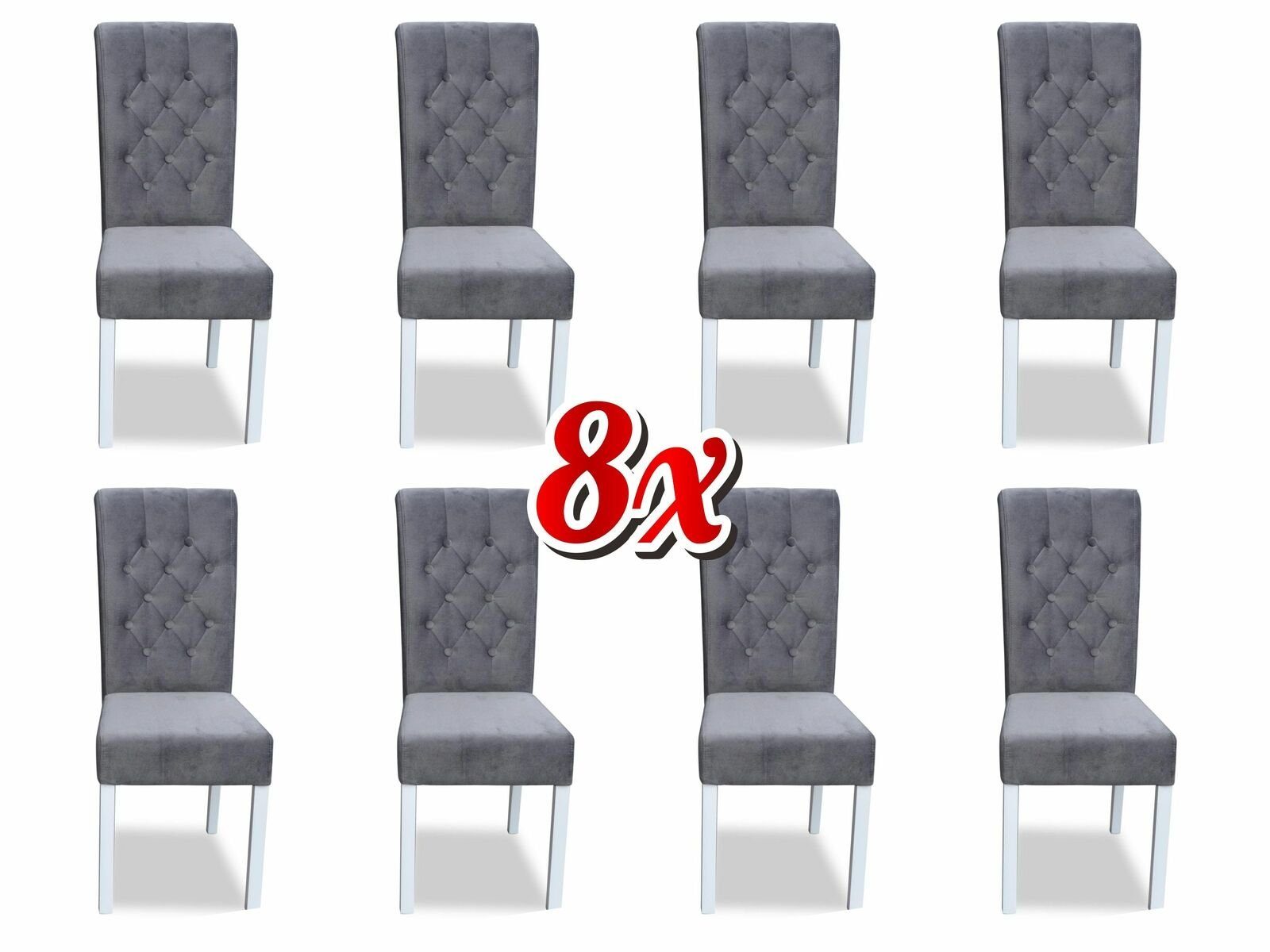 JVmoebel Stuhl, Chesterfield 8x Holz Stuhl Klassische Lehn Grau Textil Polster Sessel Stühle Design