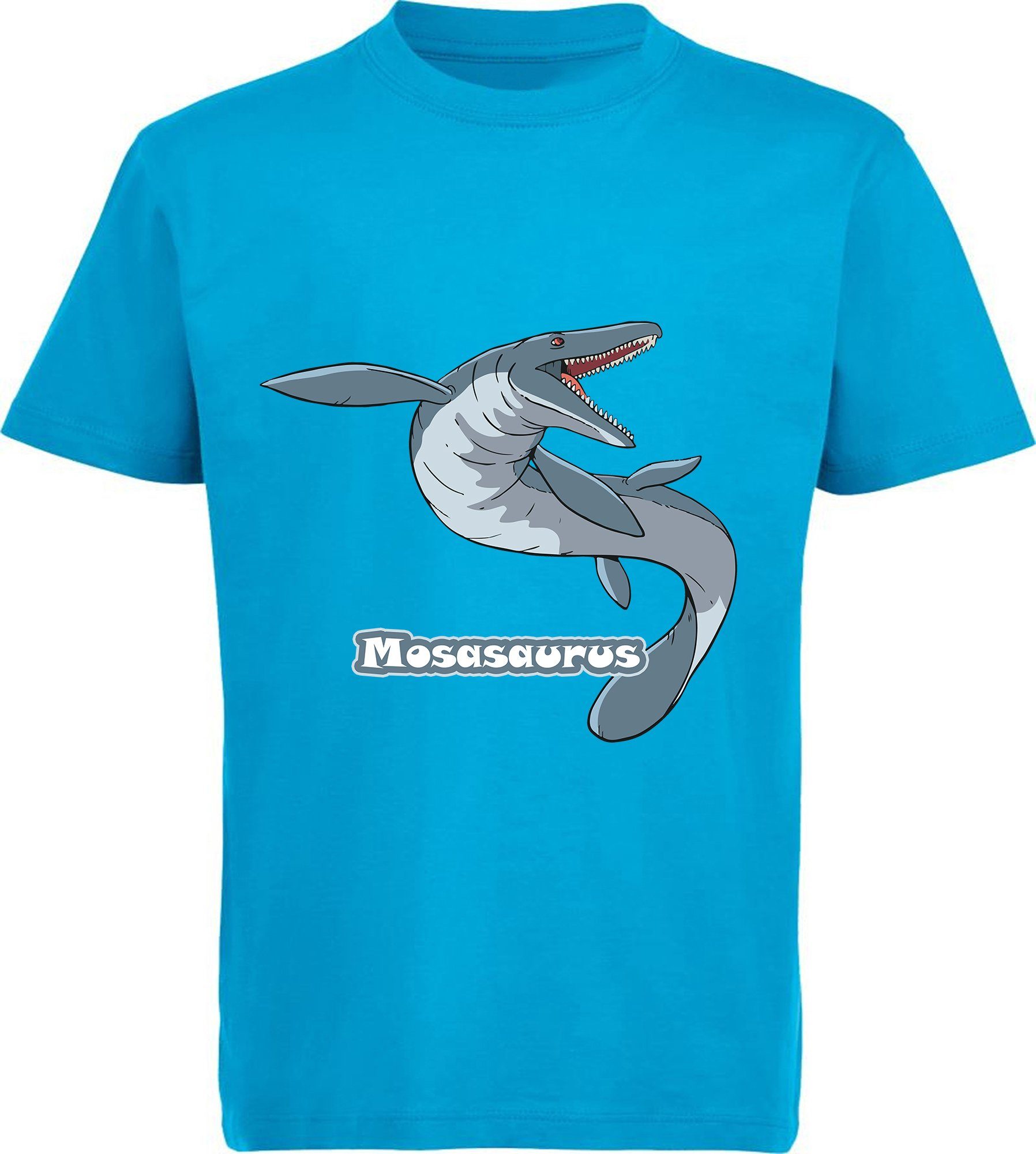 MyDesign24 T-Shirt bedrucktes Kinder T-Shirt mit Mosasaurus 100% Baumwolle mit Dino Aufdruck, aqua blau i51