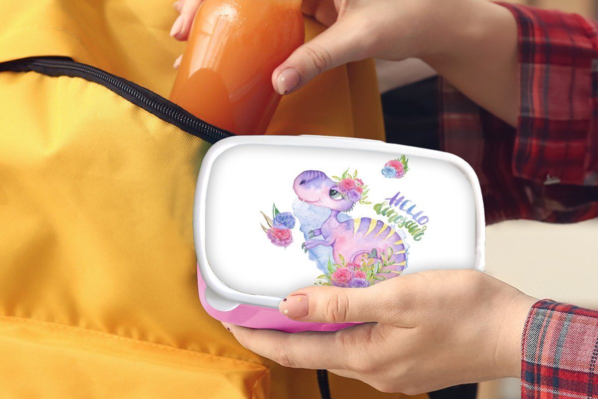 Lunchbox - Dinosaurier Mädchen Kinderzimmer Brotbox für Brotdose - Rosa, - - - Snackbox, Aquarell Kunststoff, Erwachsene, (2-tlg), MuchoWow Kinder Kunststoff Kinder, Mädchen,