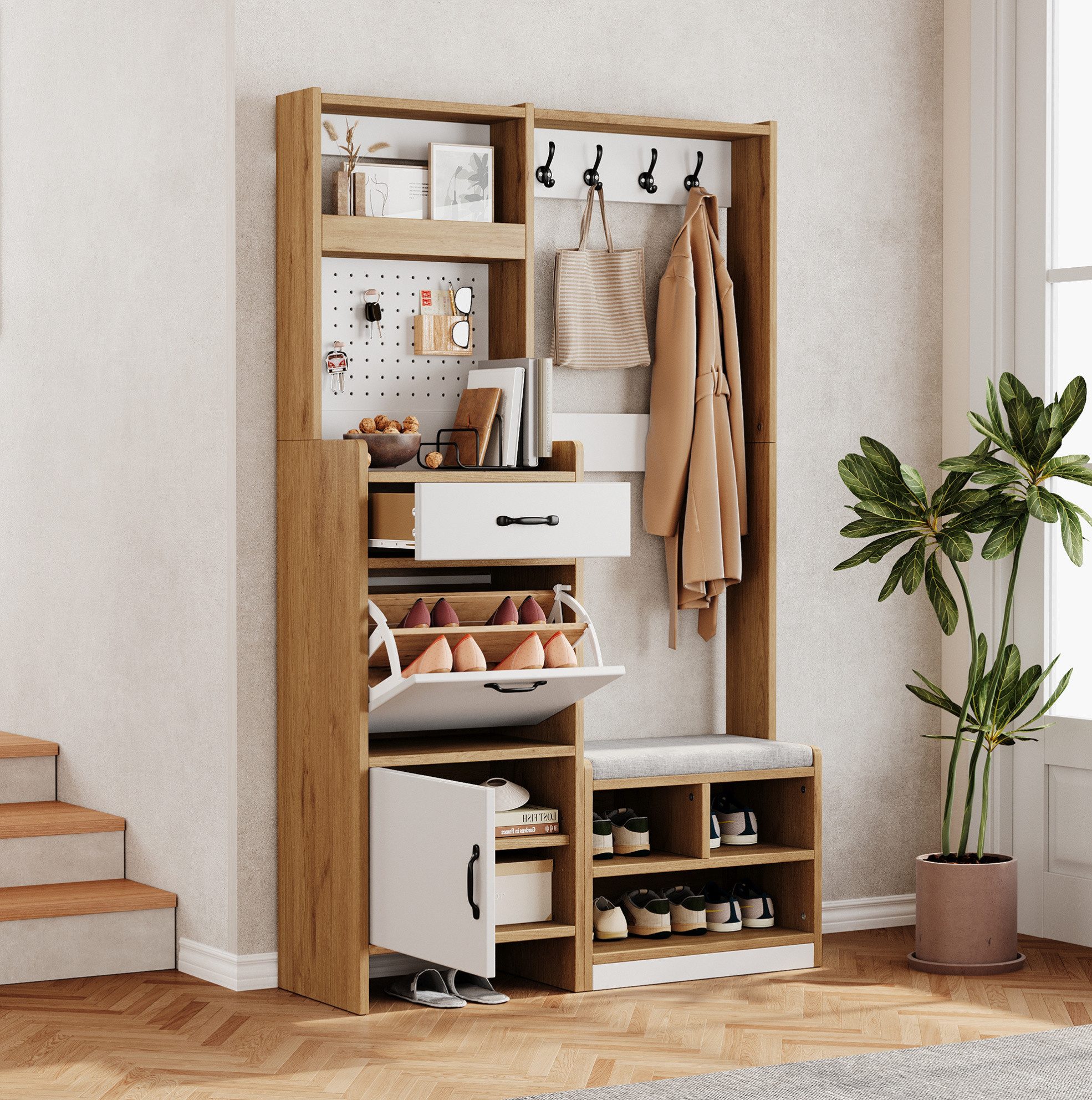 OKWISH Garderoben-Set Moderne Flurgarderobe, (mit Sitzbank und Schuhkipper, stabilem Holzwerkstoff, Kippsicherung sowie durchdachtem 6-in-1 Stauraumsystem für Jacken, Schuhe und Accessoires, 1-St., B108.5/D35/H180 cm), Flurschrank, Hängeschrankregal