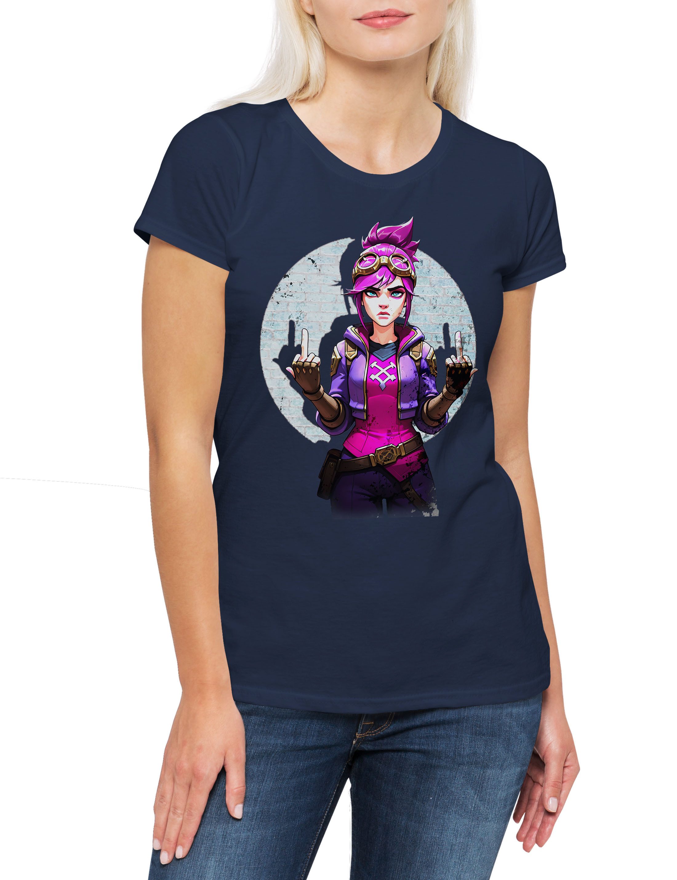 Print-Shirt Cyber Violet Girl Damen T-Shirt Arcane Legends Anime Punk Tattoo Jinx