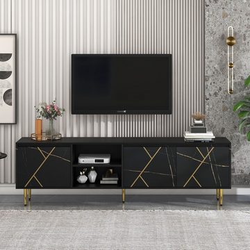 OBOSOE TV-Schrank Großer 200x35x60 cm TV-Schrank für 90-Zoll-Fernseher mit 3 Türen modernem Schwarz-Gold-Design