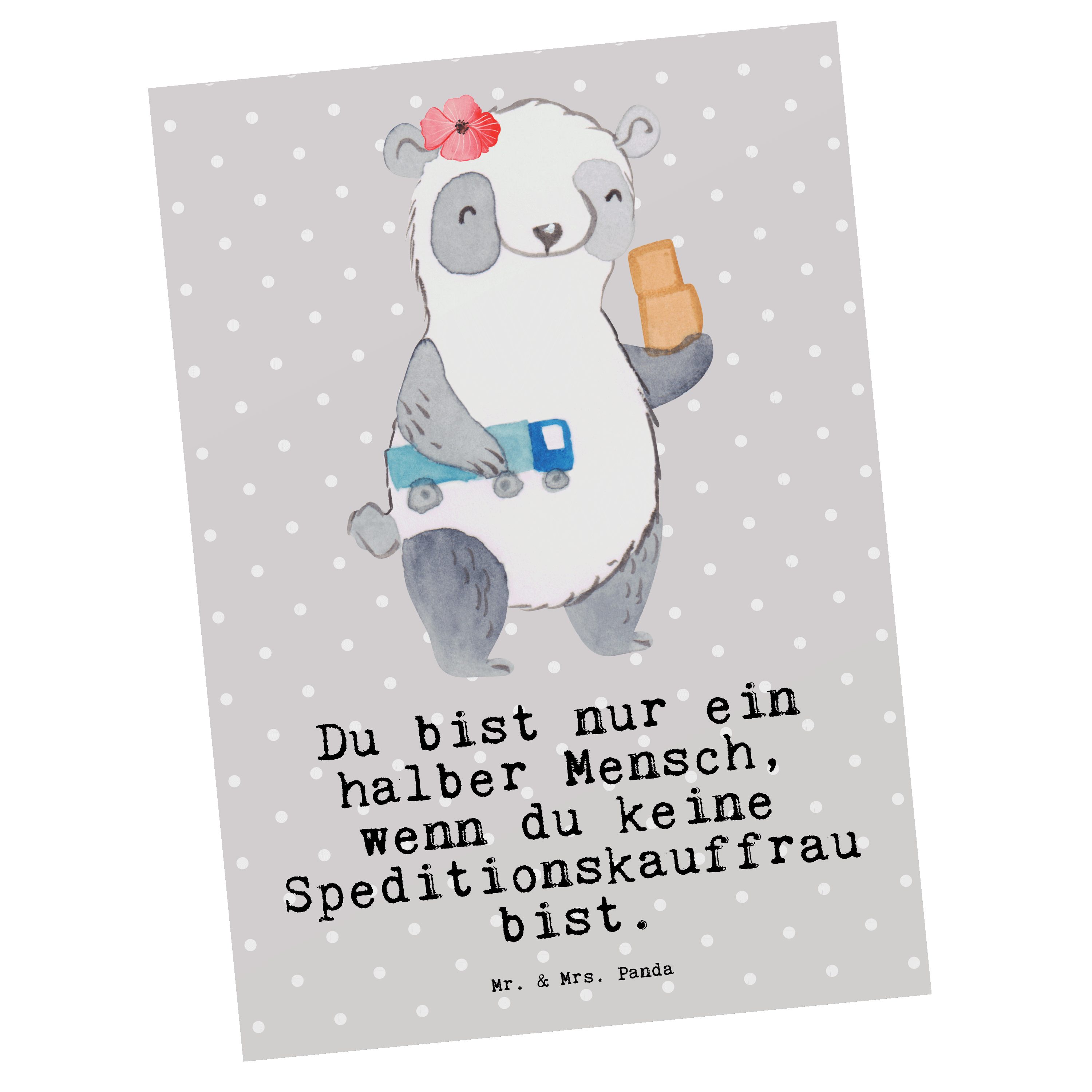 Mr. & Mrs. Panda Postkarte Speditionskauffrau mit Herz - Grau Pastell - Geschenk, Geschenkkarte