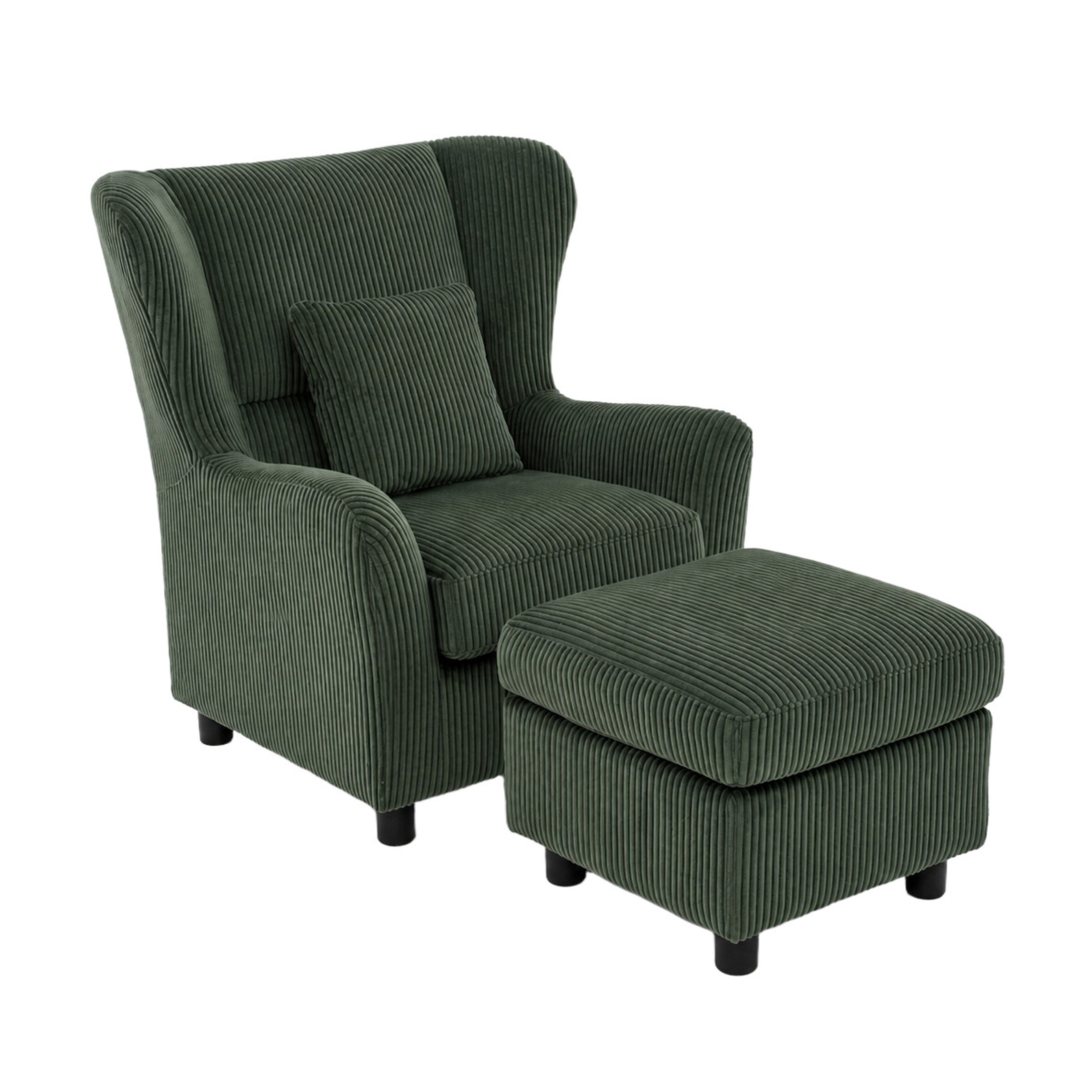 luma-home Ohrensessel 16142 (mit Hocker und Zierkissen, Polsterung mit Taschenfederkern, B89/H95/T79 cm), Lesesesel mit Echtholzfüßen, Bezug Cord in Grün