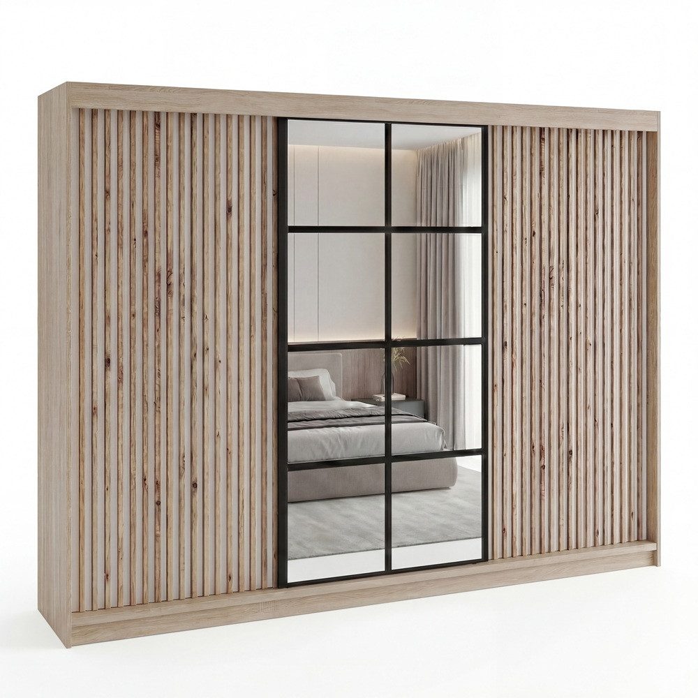 A&J MöbelLand GmbH Schiebetürenschrank NORIVO 200 cm mit 3D-Lamellen und Spiegelfront (TOP ANGEBOT! Geräumiger Schrank mit einer Breite von 200 cm ideal zur Aufbewahrung von Kleidung und Accessoires. Wählen Sie das ideale Modell für Ihr Schlafzimmer!, TOP
