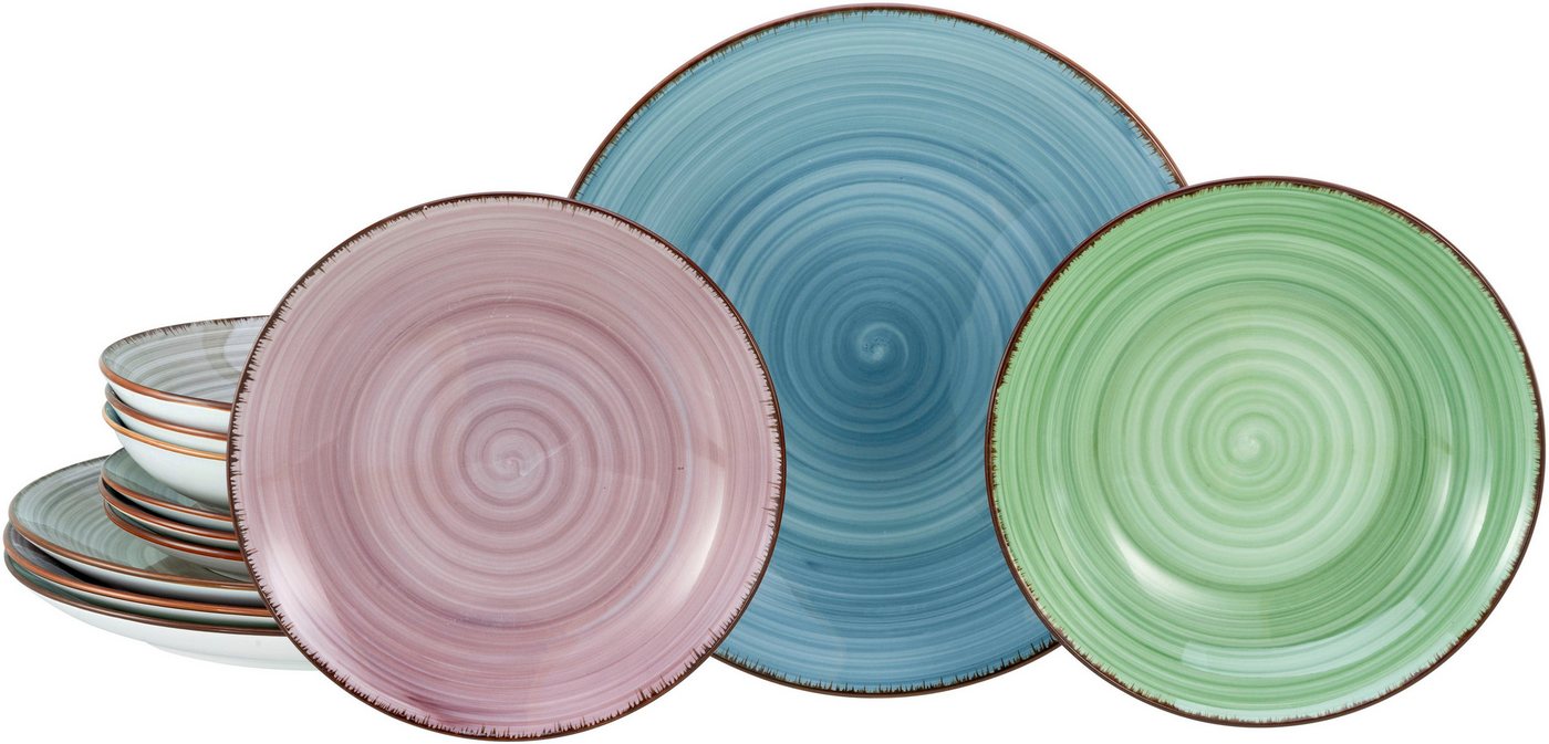 CreaTable Teller-Set Samba Bunt, Teller Set 12 tlg (12-tlg), 4 Personen, Porzellan, Handgemalter Spiraldekor